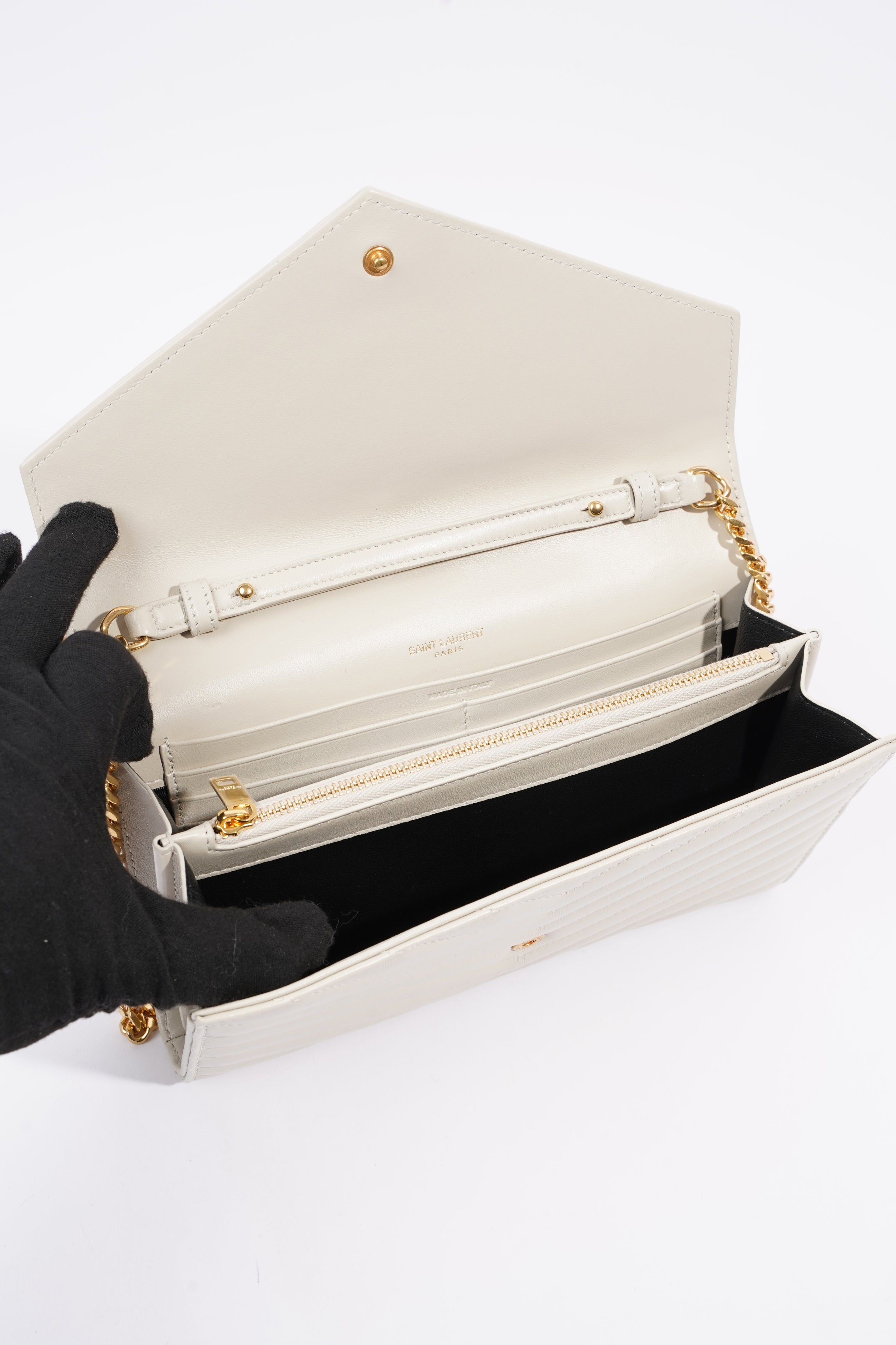 Saint Laurent Cassandre Chain Wallet Cream Calfskin Leather
