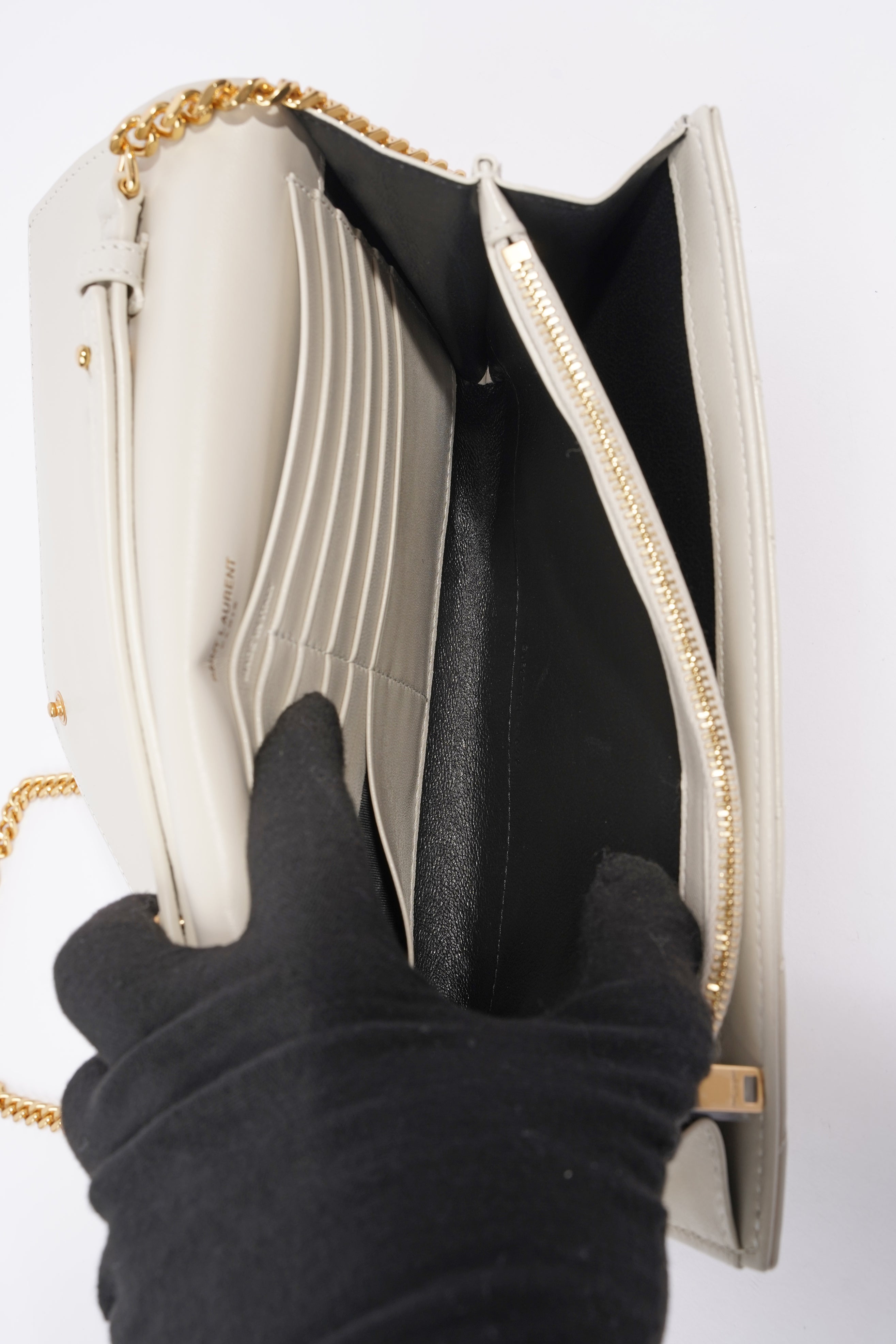 Saint Laurent Cassandre Chain Wallet Cream Calfskin Leather