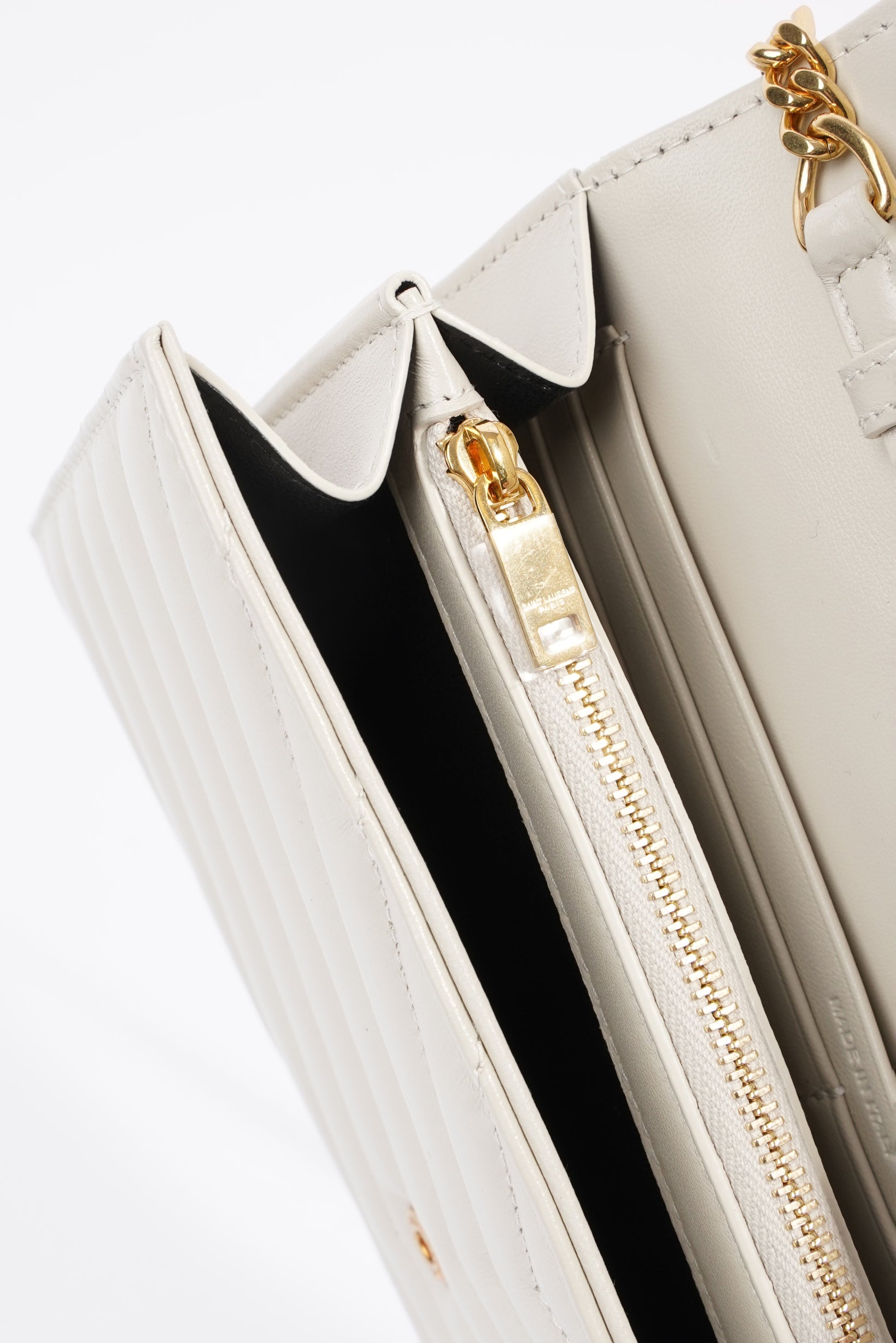 Saint Laurent Cassandre Chain Wallet Cream Calfskin Leather