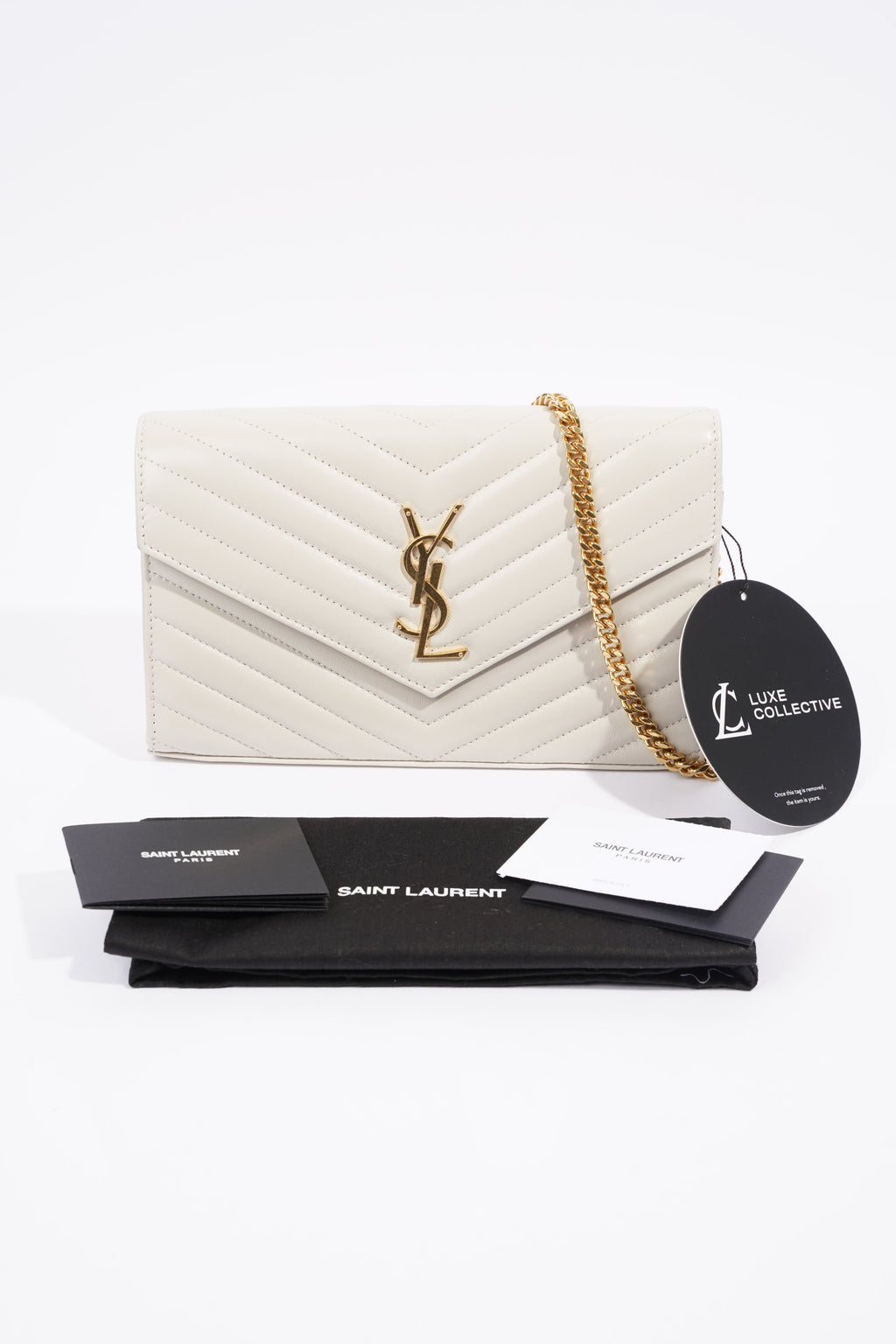 Saint Laurent Cassandre Chain Wallet Cream Calfskin Leather