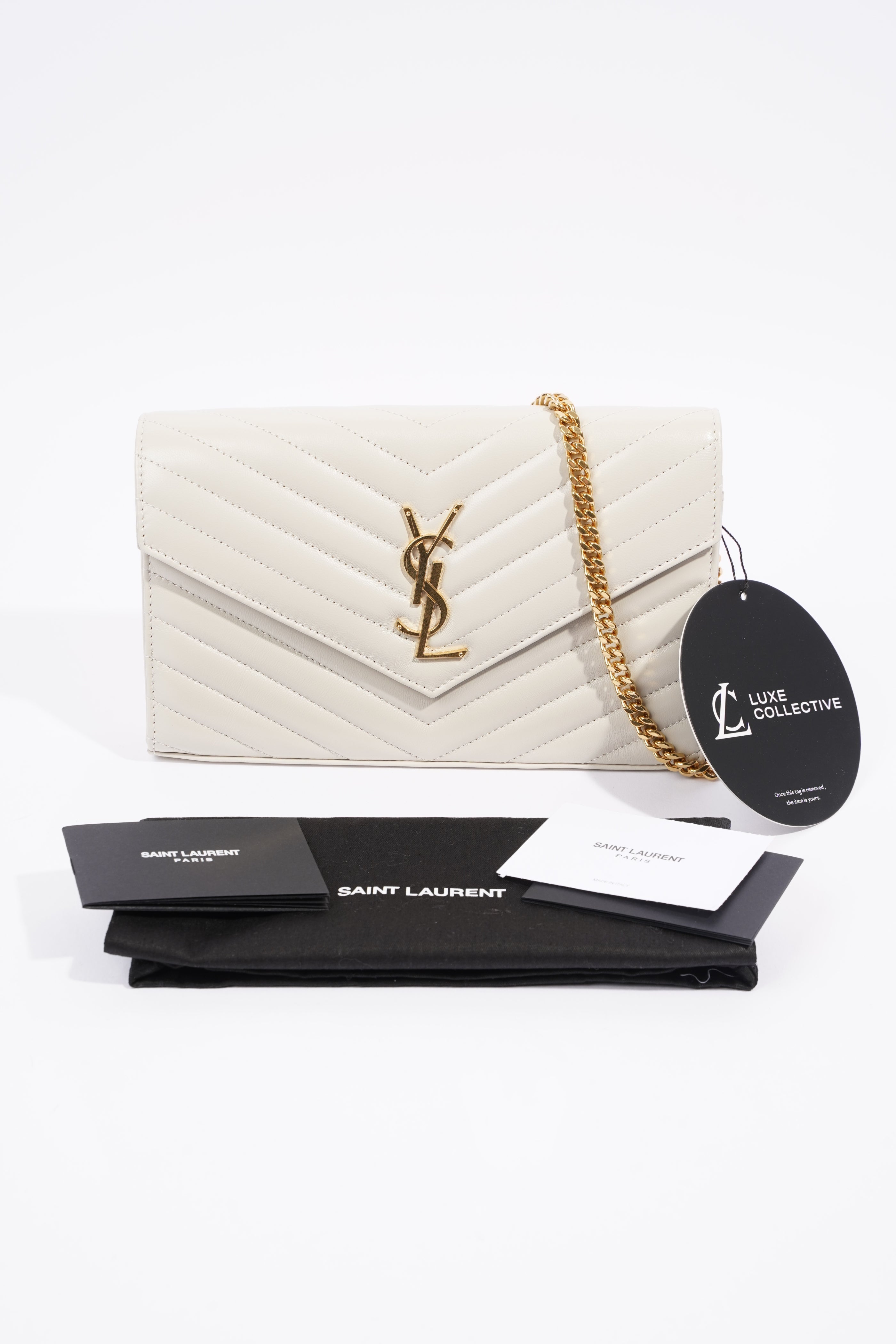 Saint Laurent Cassandre Chain Wallet Cream Calfskin Leather