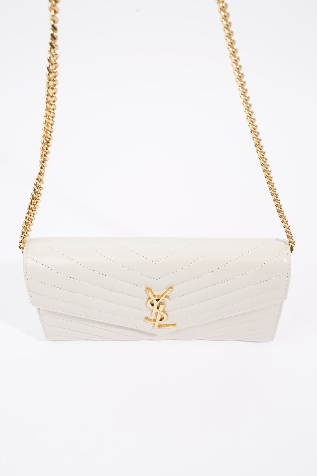 Saint Laurent Cassandre Chain Wallet Cream Calfskin Leather