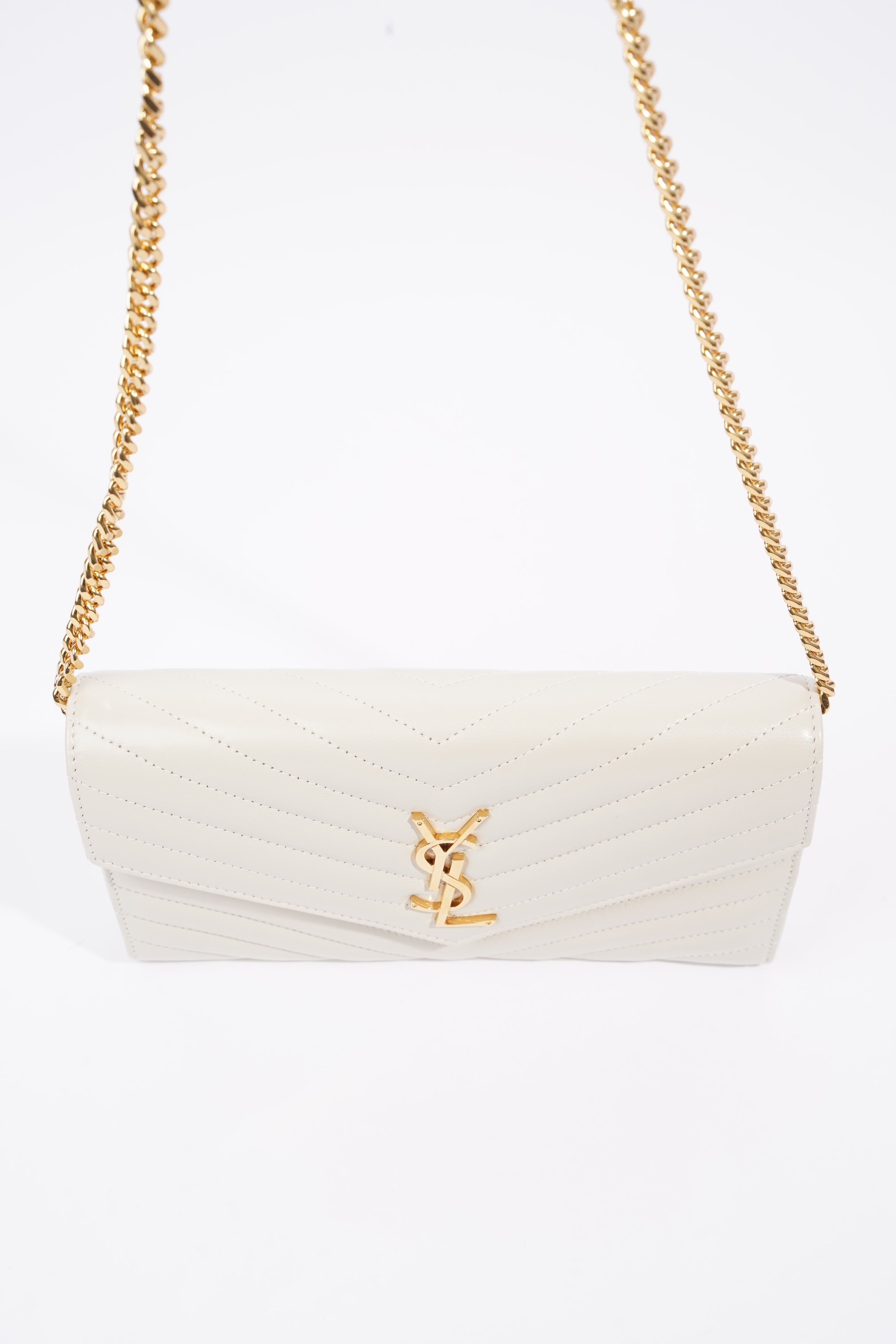Saint Laurent Cassandre Chain Wallet Cream Calfskin Leather