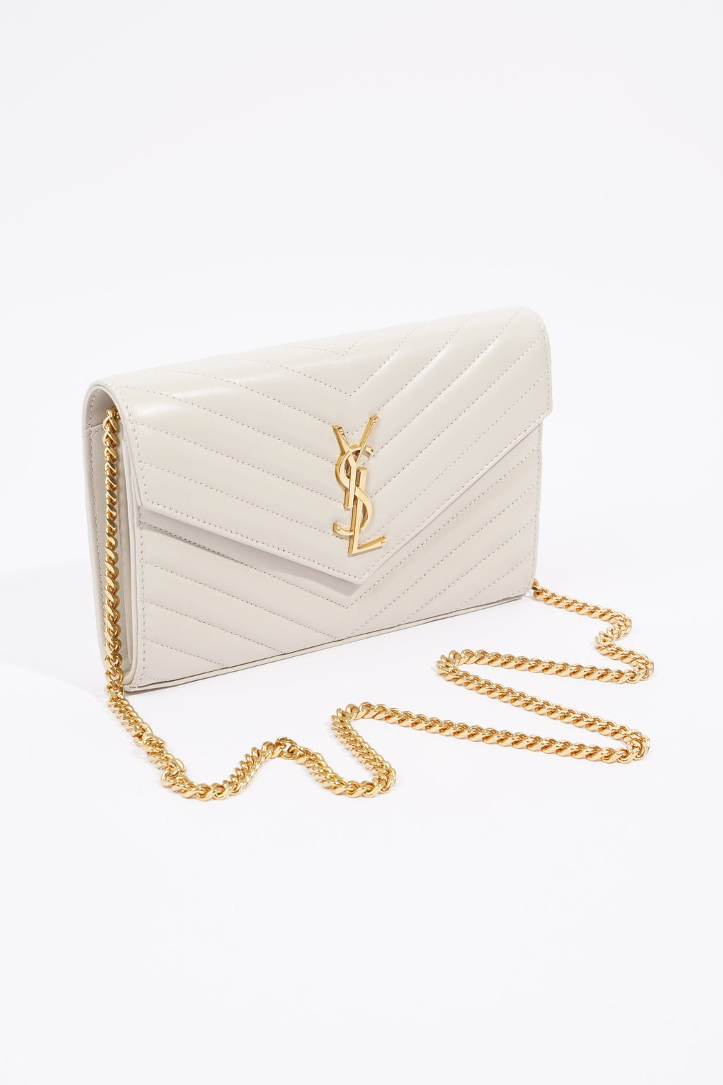 Saint Laurent Cassandre Chain Wallet Cream Calfskin Leather