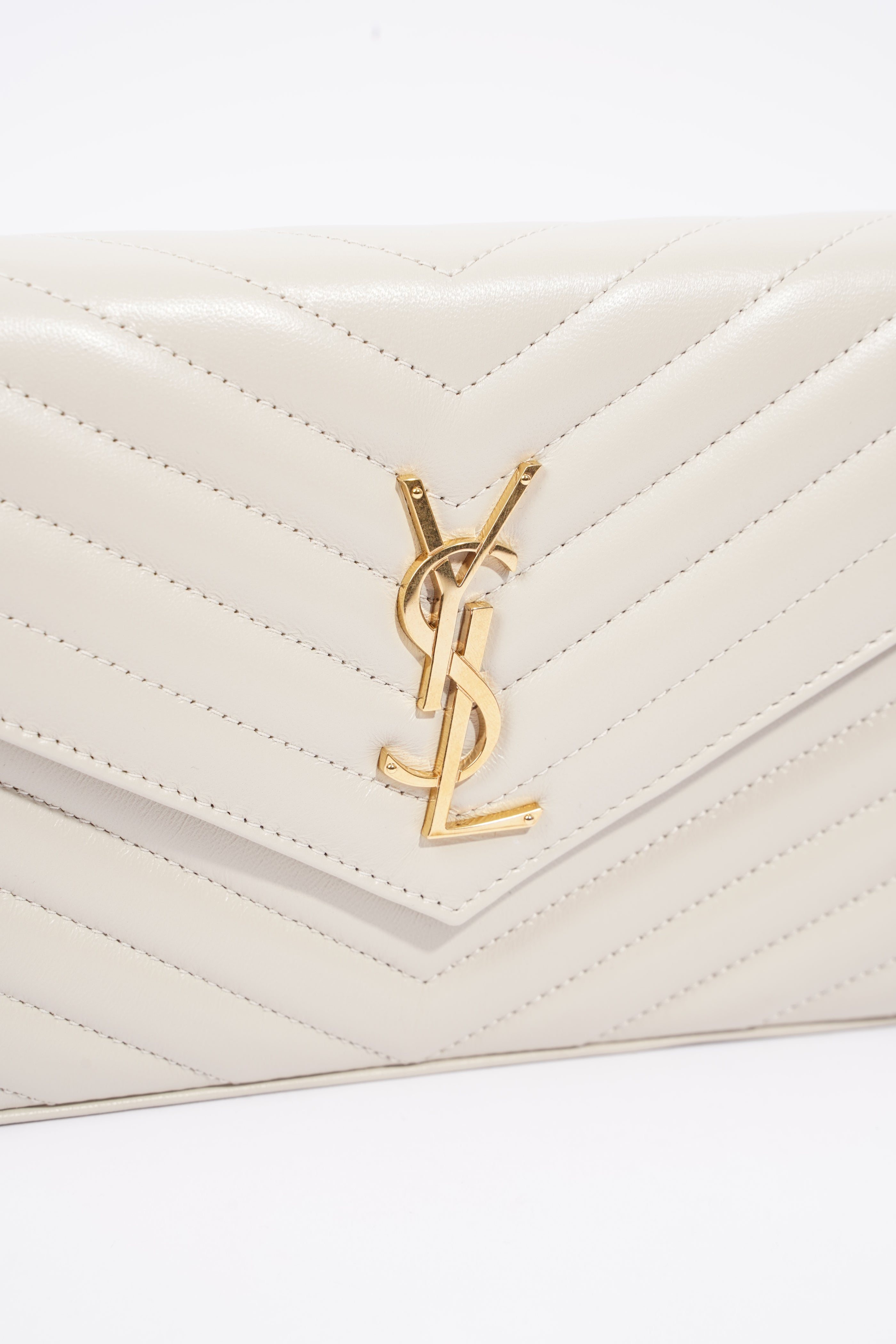 Saint Laurent Cassandre Chain Wallet Cream Calfskin Leather