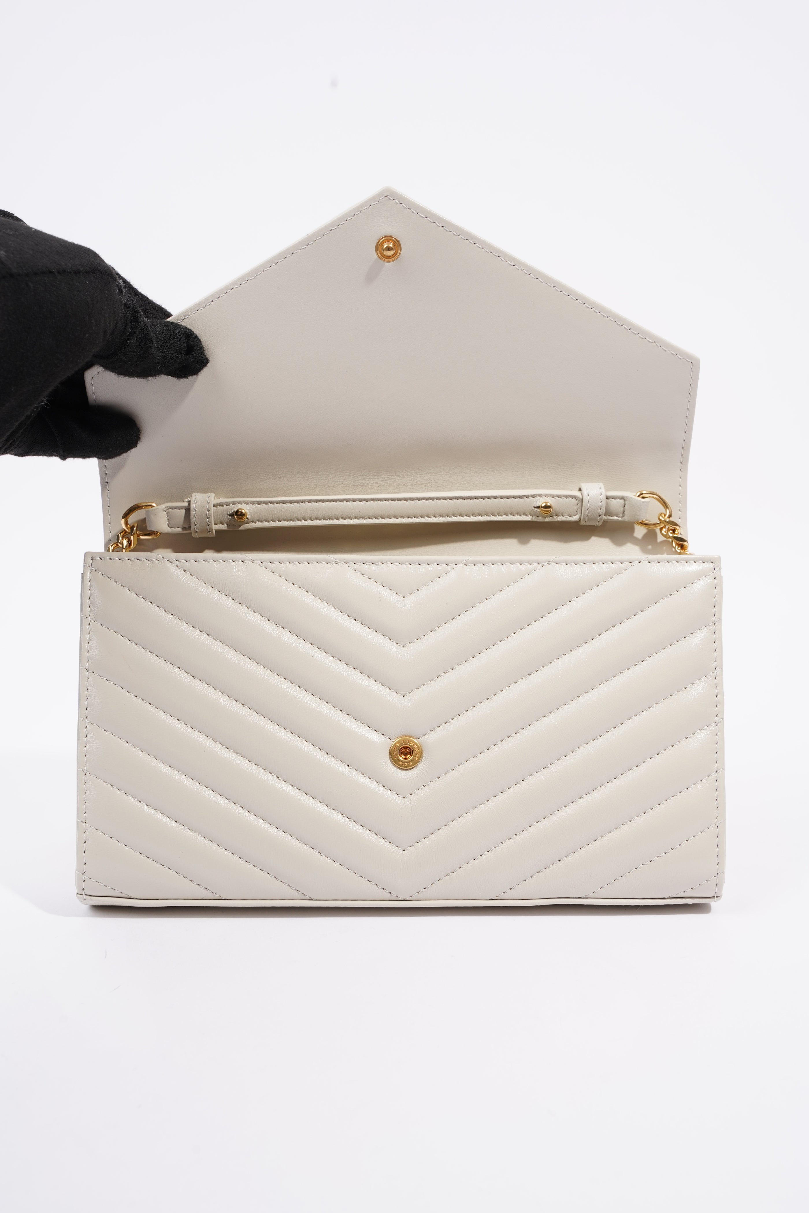 Saint Laurent Cassandre Chain Wallet Cream Calfskin Leather