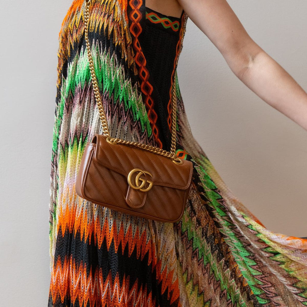 Gucci Brown Diagonal Matelasse Calfskin GG Marmont Mini Shoulder Bag