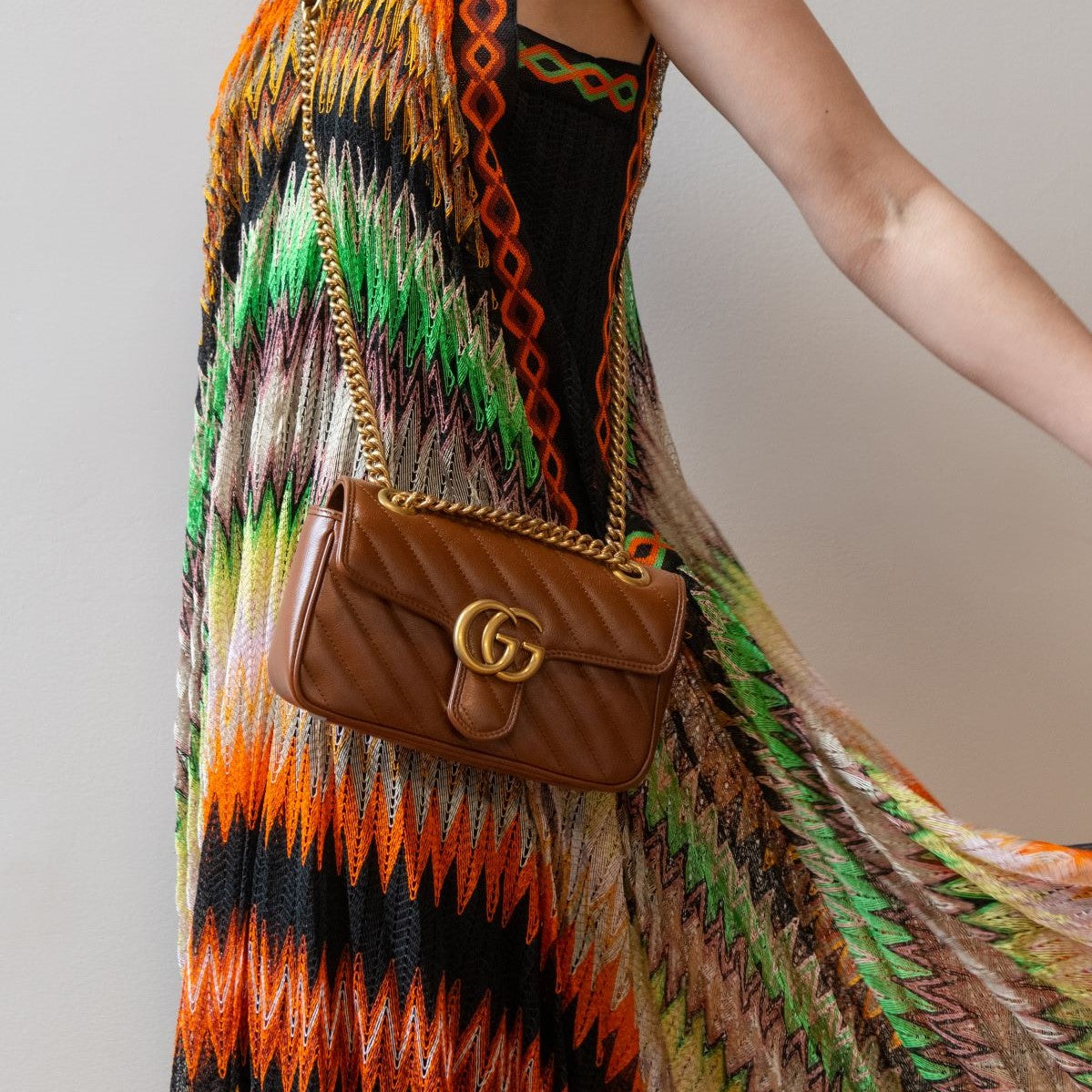 Gucci Brown Diagonal Matelasse Calfskin GG Marmont Mini Shoulder Bag