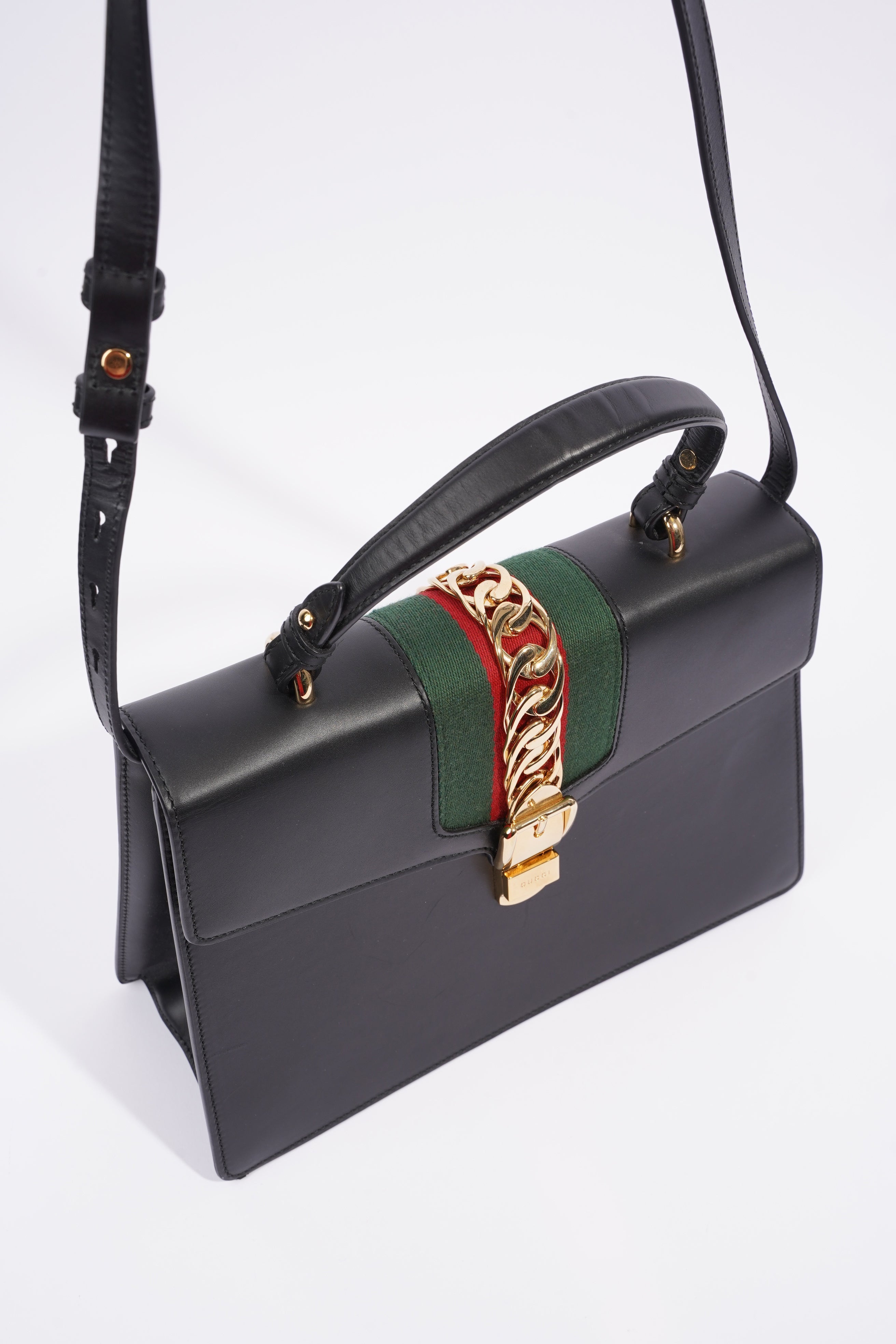 Gucci Sylvie Satchel Black / Gucci Stripe Calfskin Leather Medium