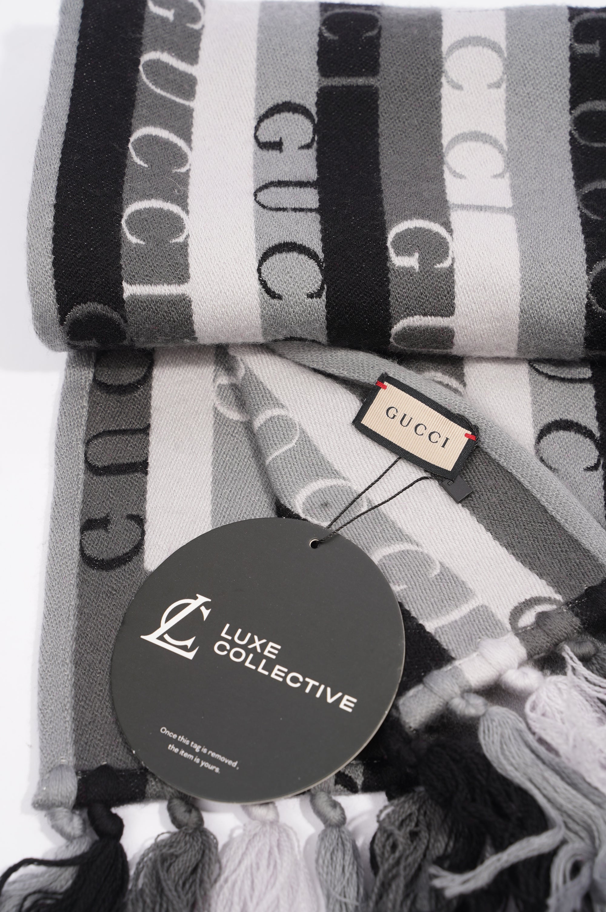 Gucci Stripe Wool Scarf Grey / Black Wool 180xm x 37cm