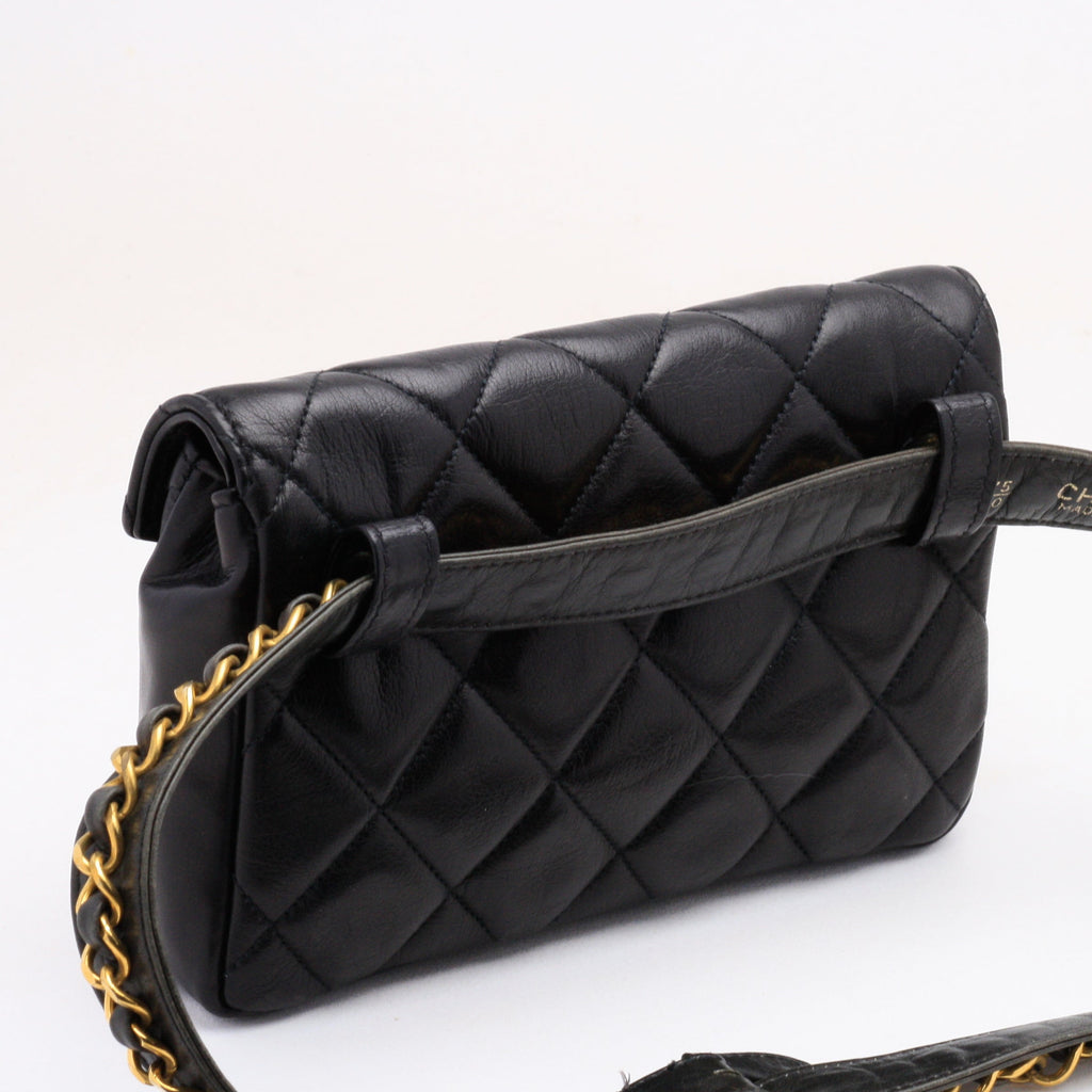 Chanel Belt Bag Bum Bag Lambskin Leather Black Vintage