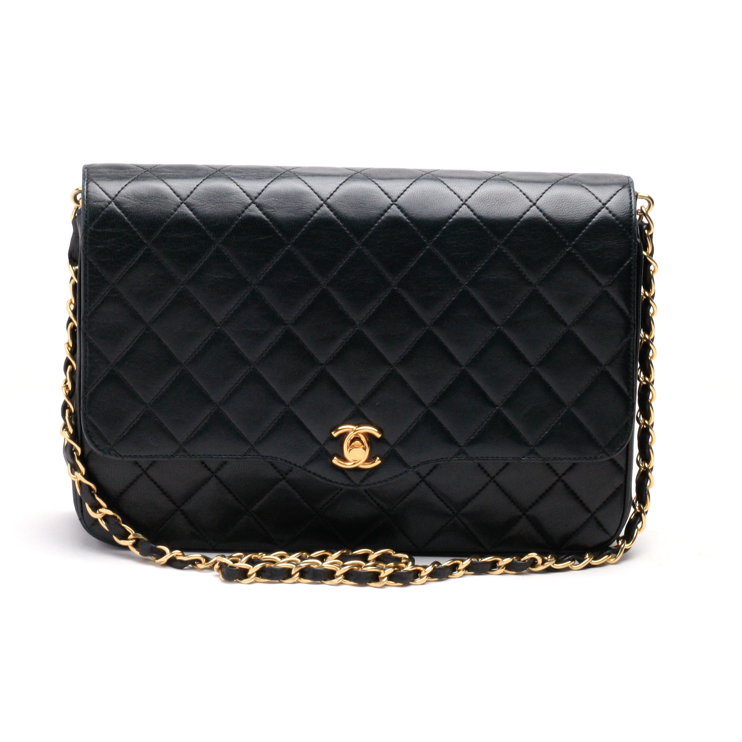 Chanel Shoulder Bag Flap Black Lambskin Leather Matrasse Vintage
