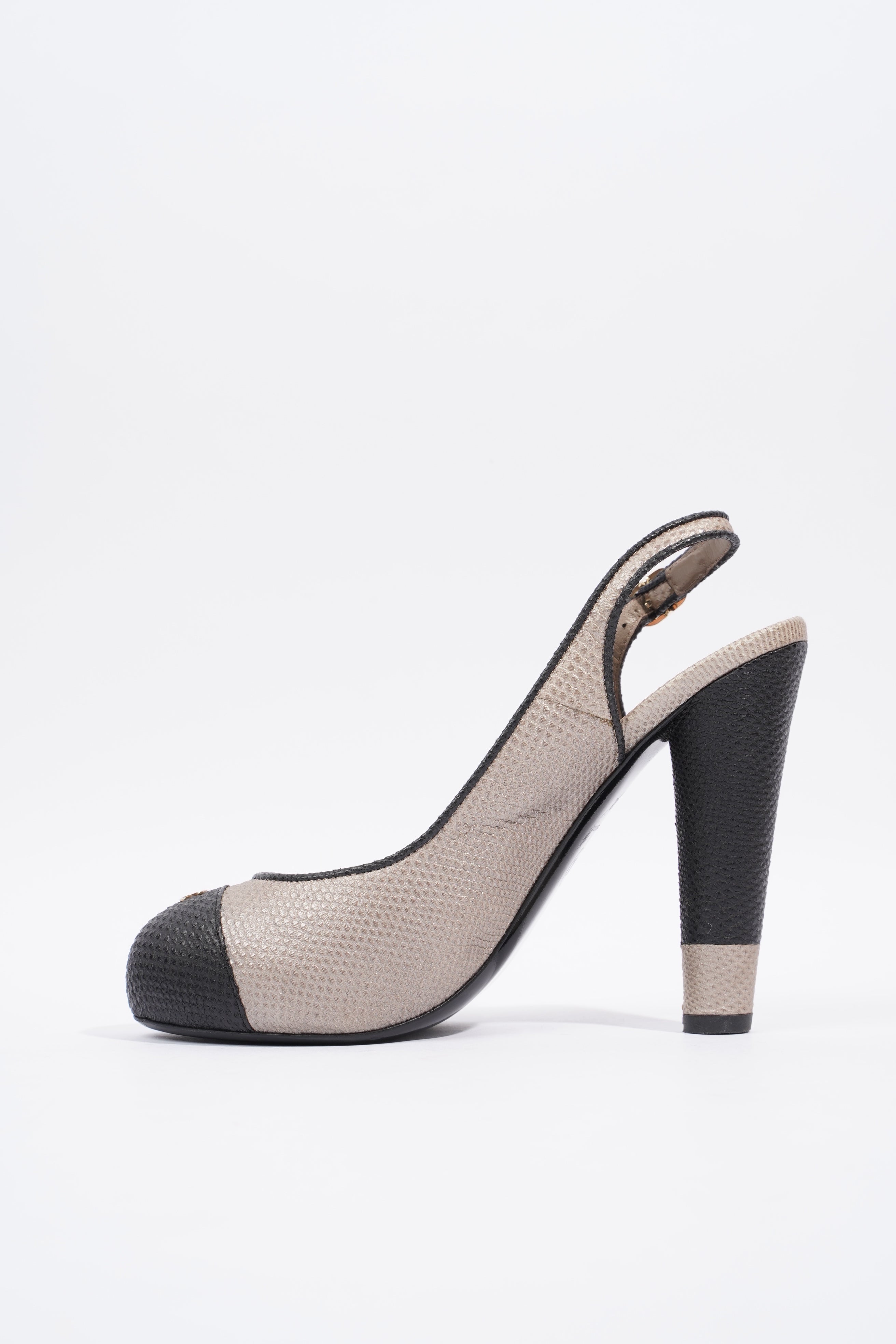 Chanel Slingback Pump 110 Beige / Black Grained Leather EU 38 UK 5