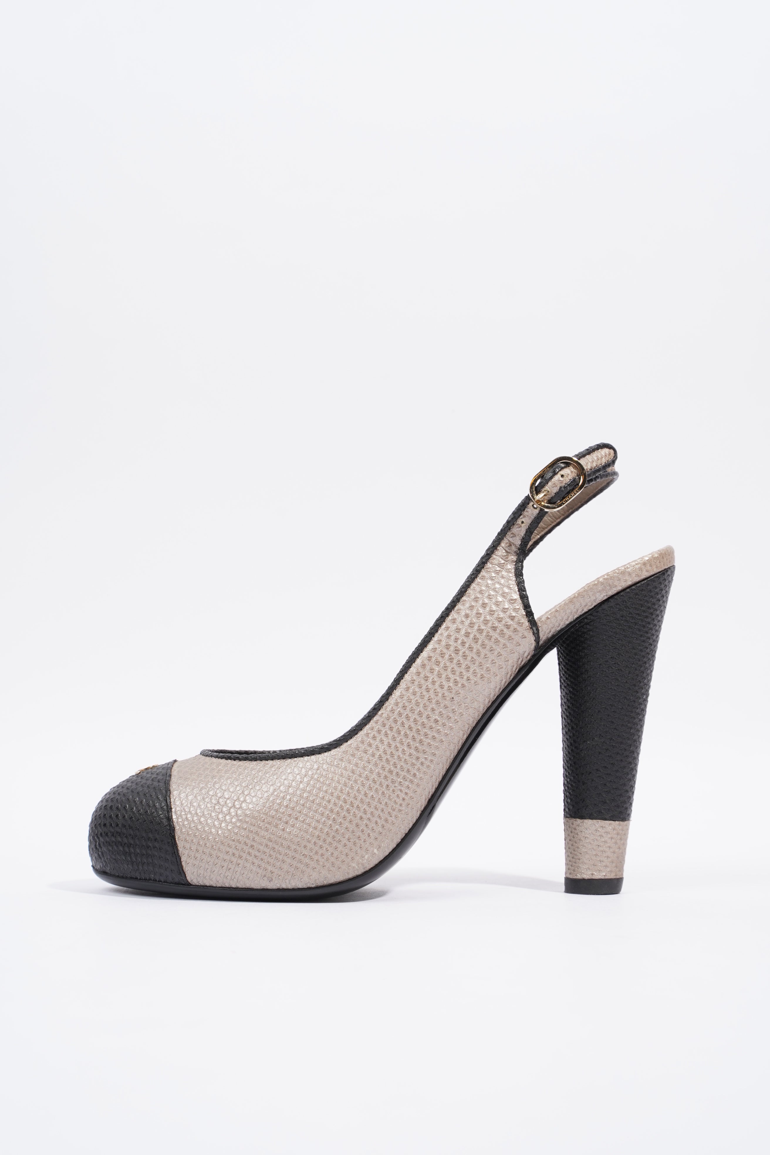 Chanel Slingback Pump 110 Beige / Black Grained Leather EU 38 UK 5