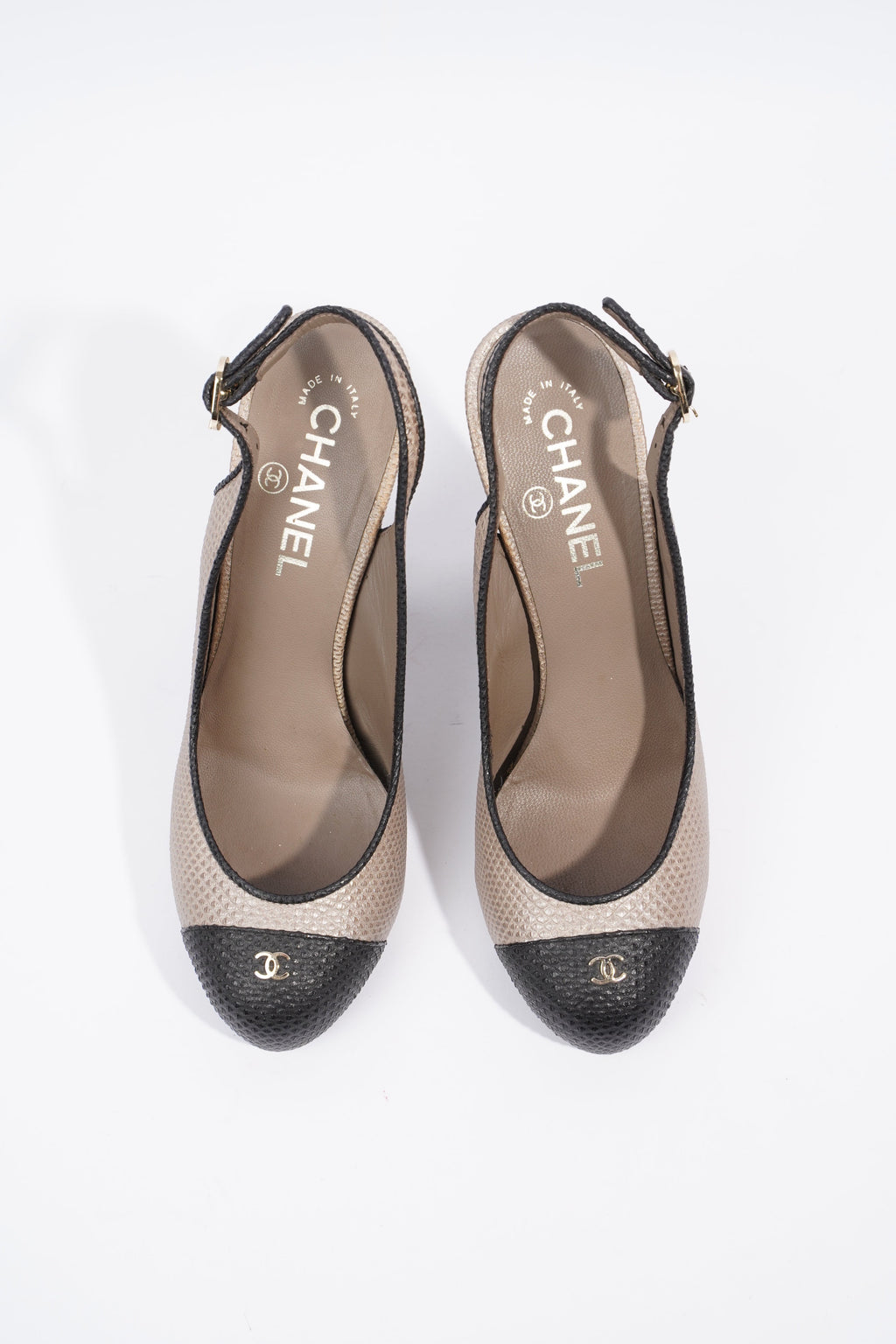 Chanel Slingback Pump 110 Beige / Black Grained Leather EU 38 UK 5