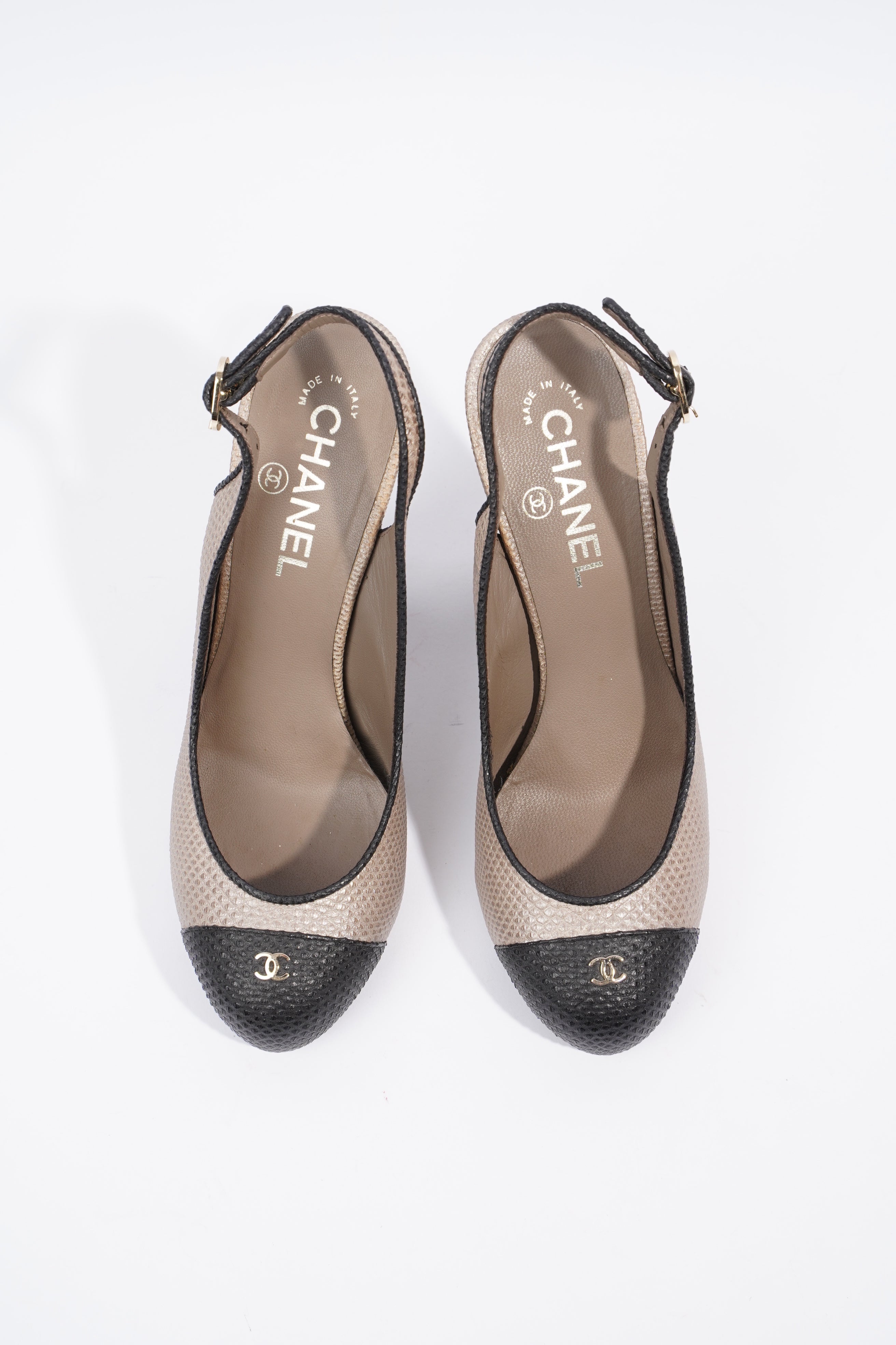 Chanel Slingback Pump 110 Beige / Black Grained Leather EU 38 UK 5