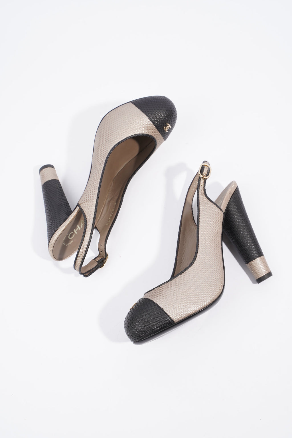 Chanel Slingback Pump 110 Beige / Black Grained Leather EU 38 UK 5