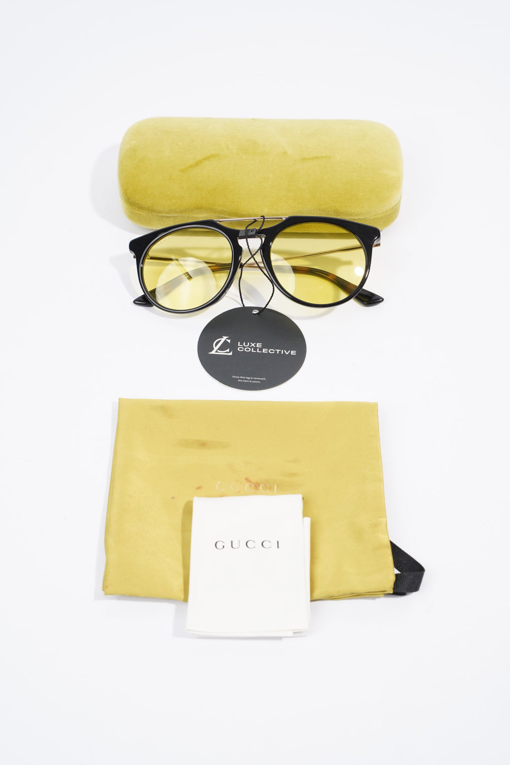 Gucci Yellow Frame Sunglasses Black / Gold / Brown Acetate 53mm 21mm