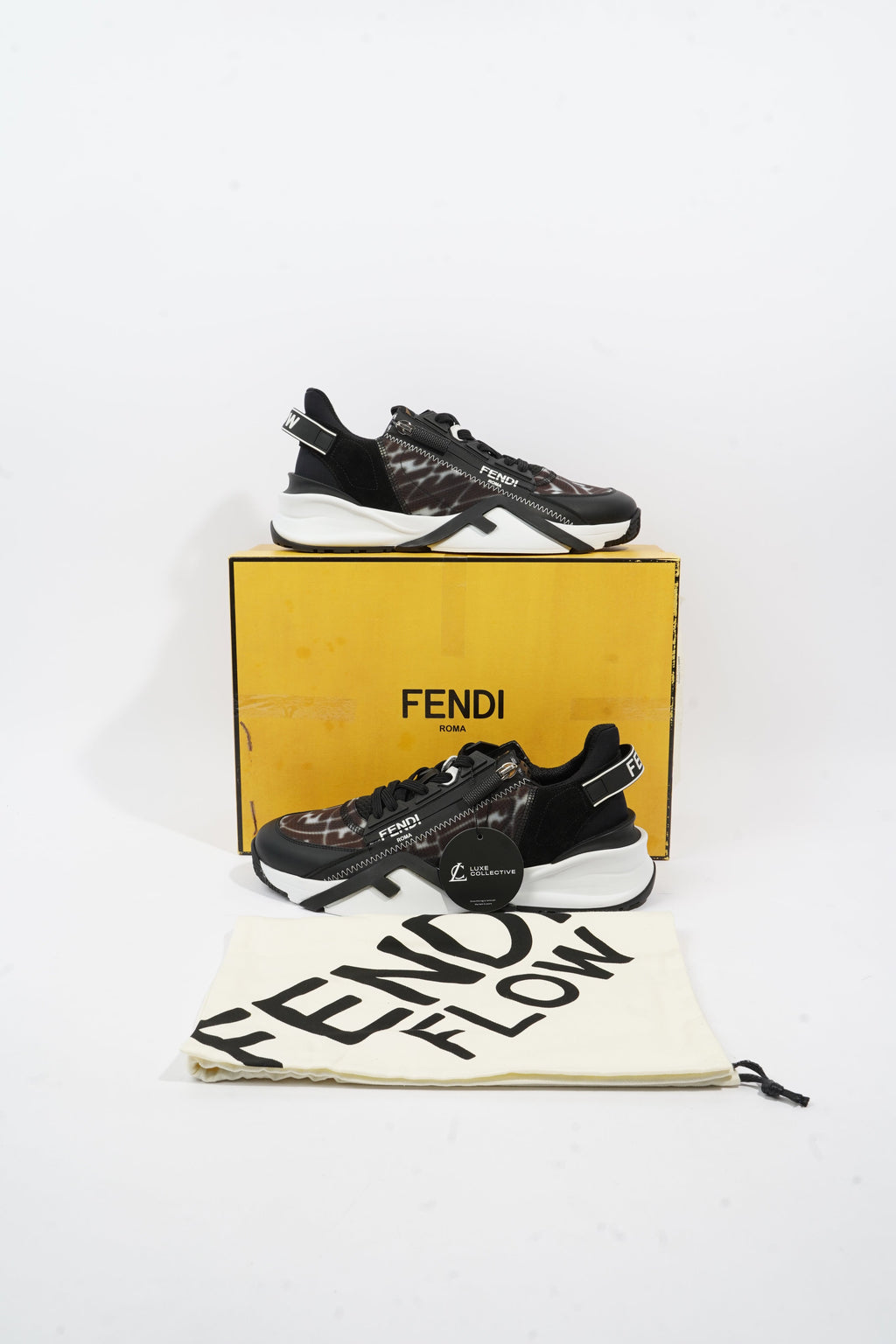 Fendi Flow Sneakers Black / Brown / White Nylon EU 41 UK 7