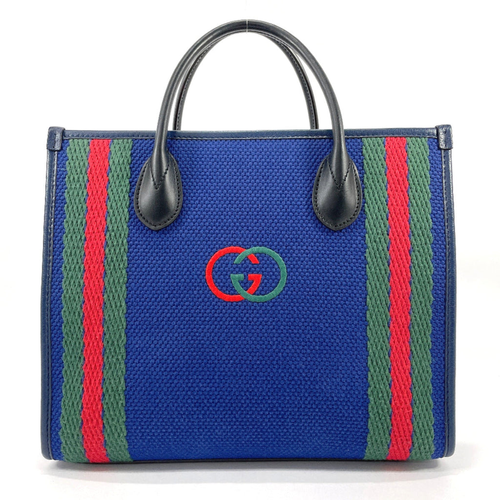 GUCCI Tote Bag 701737 Interlocking G cotton/leather Navy Navy Women Used