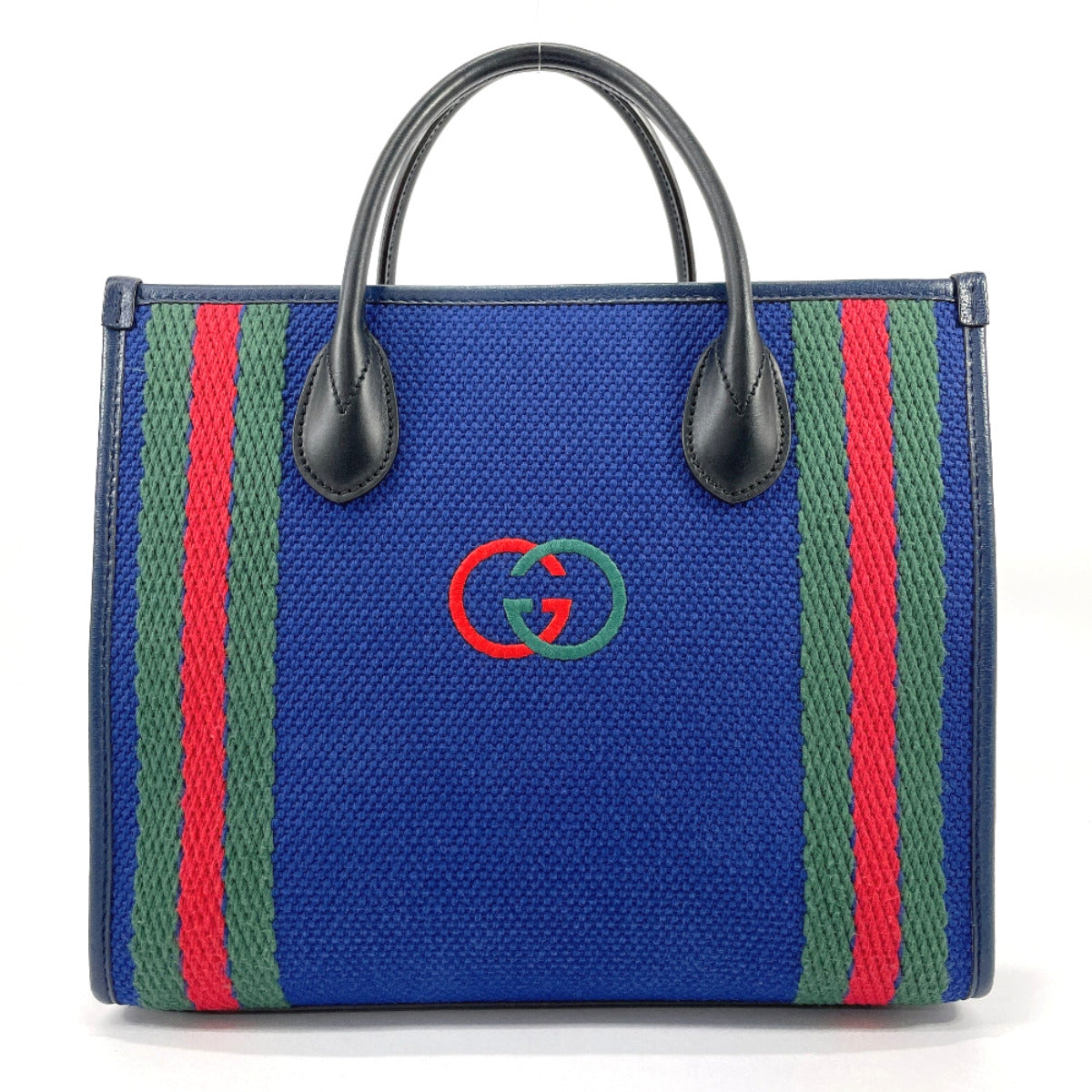 GUCCI Tote Bag 701737 Interlocking G cotton/leather Navy Navy Women Used
