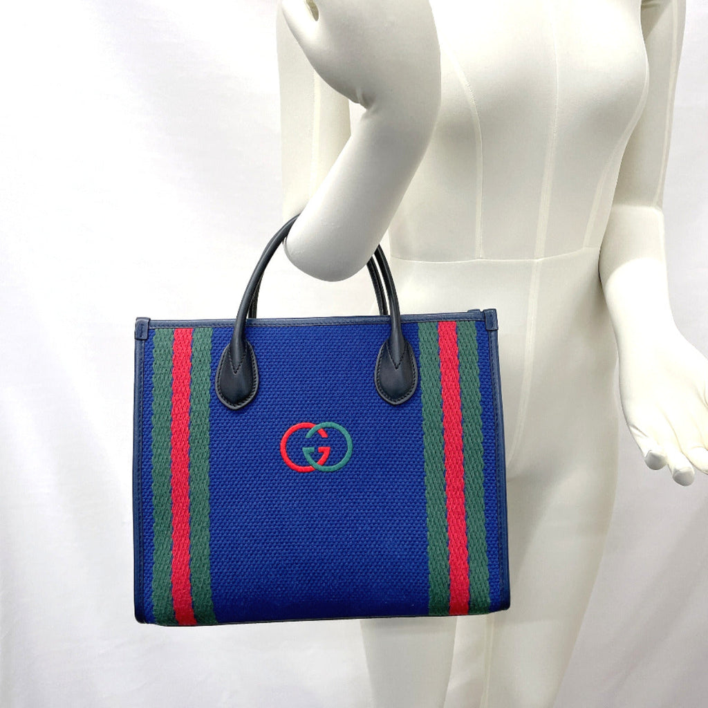 GUCCI Tote Bag 701737 Interlocking G cotton/leather Navy Navy Women Used