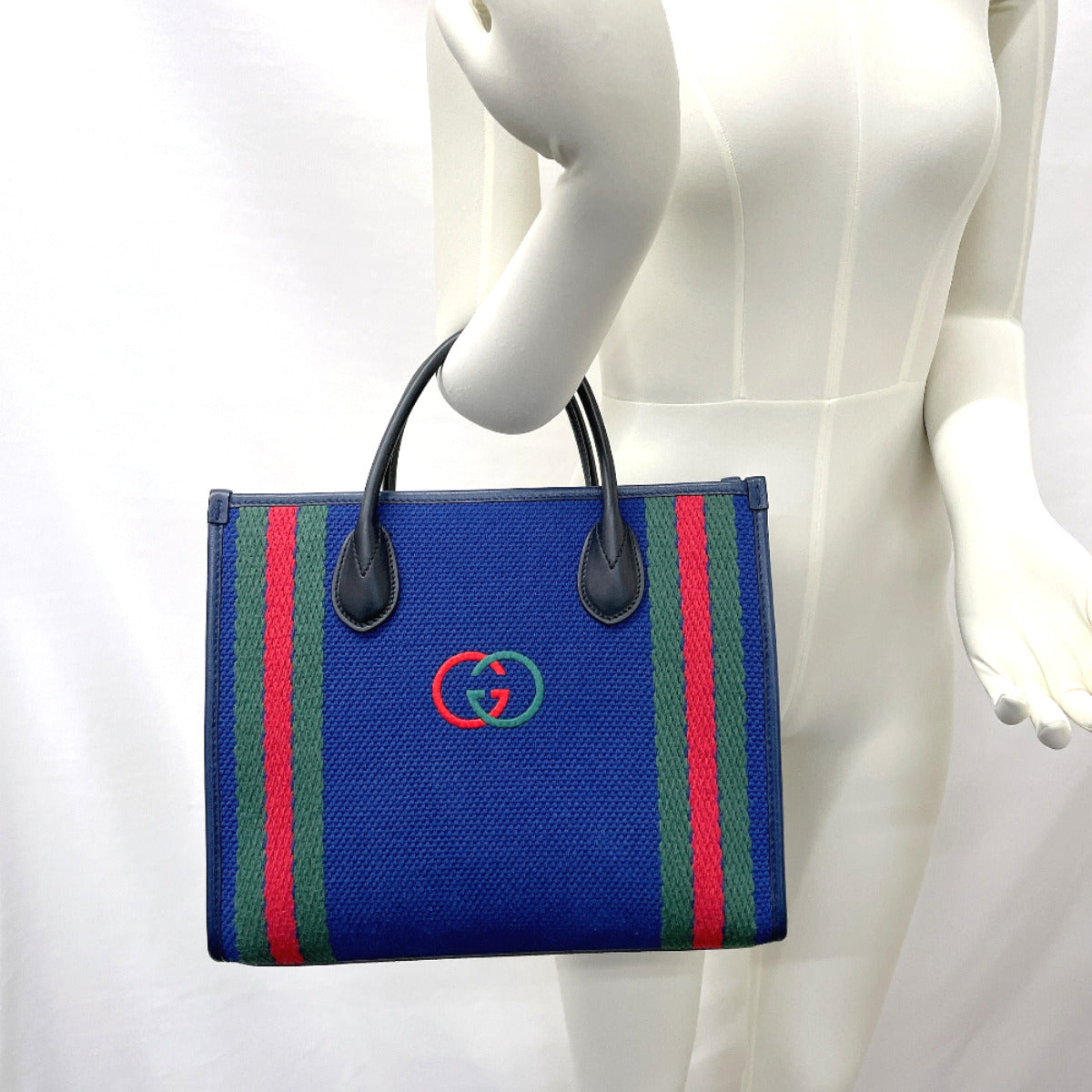 GUCCI Tote Bag 701737 Interlocking G cotton/leather Navy Navy Women Used