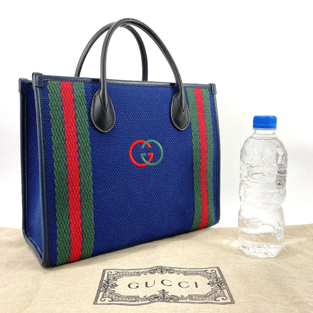 GUCCI Tote Bag 701737 Interlocking G cotton/leather Navy Navy Women Used