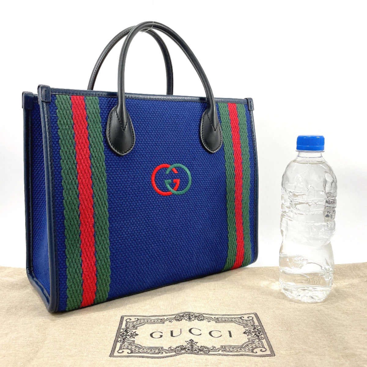 GUCCI Tote Bag 701737 Interlocking G cotton/leather Navy Navy Women Used