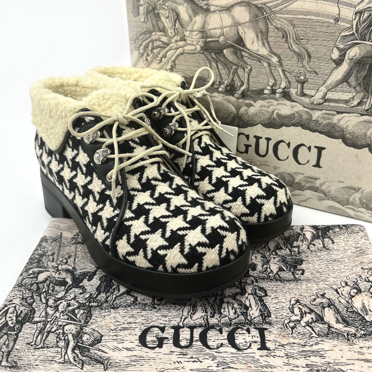 GUCCI boots 591039 Houndstooth wool/Fake fur Black Black Women New