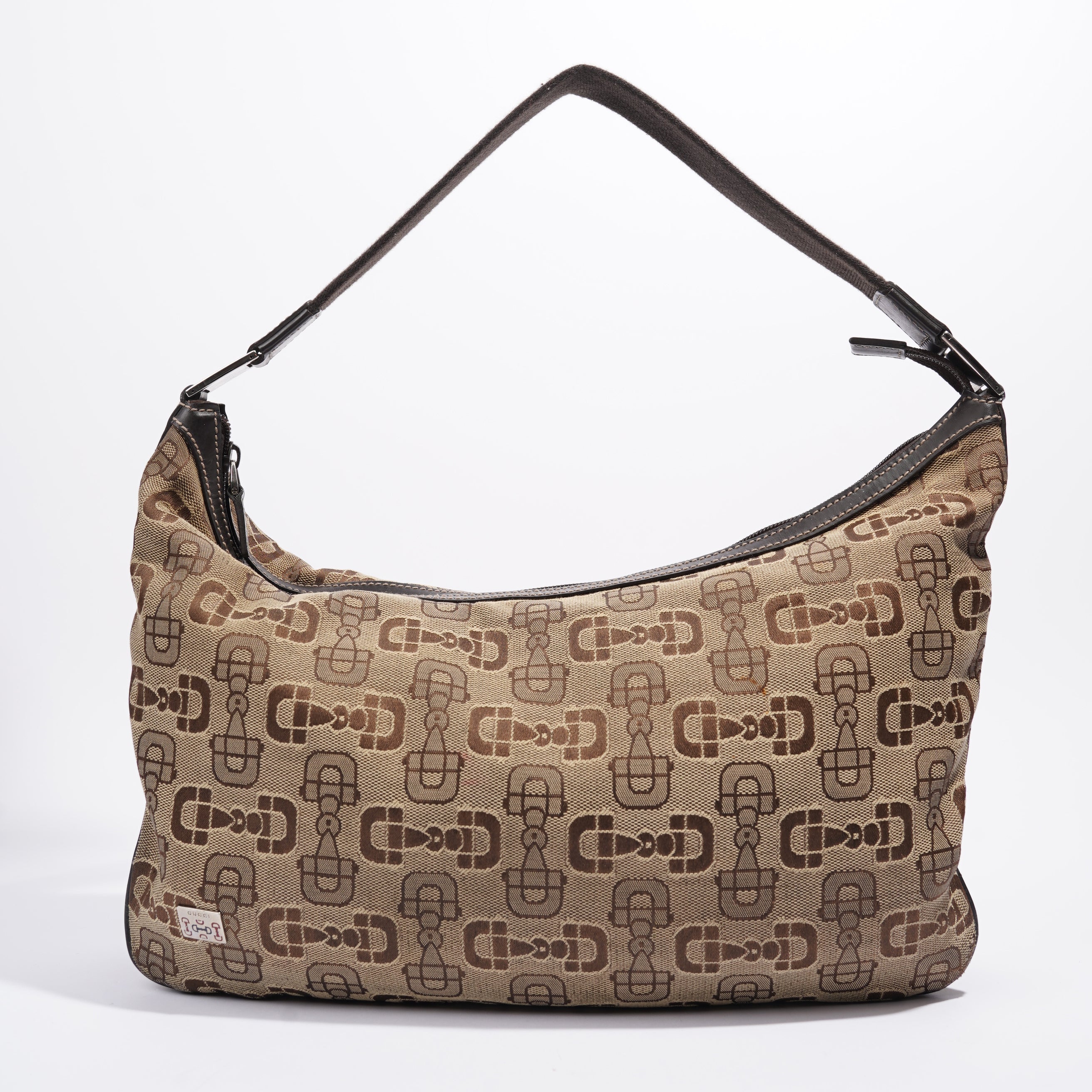 Gucci Horsebit Canvas Shoulder Bag Brown Canvas Large