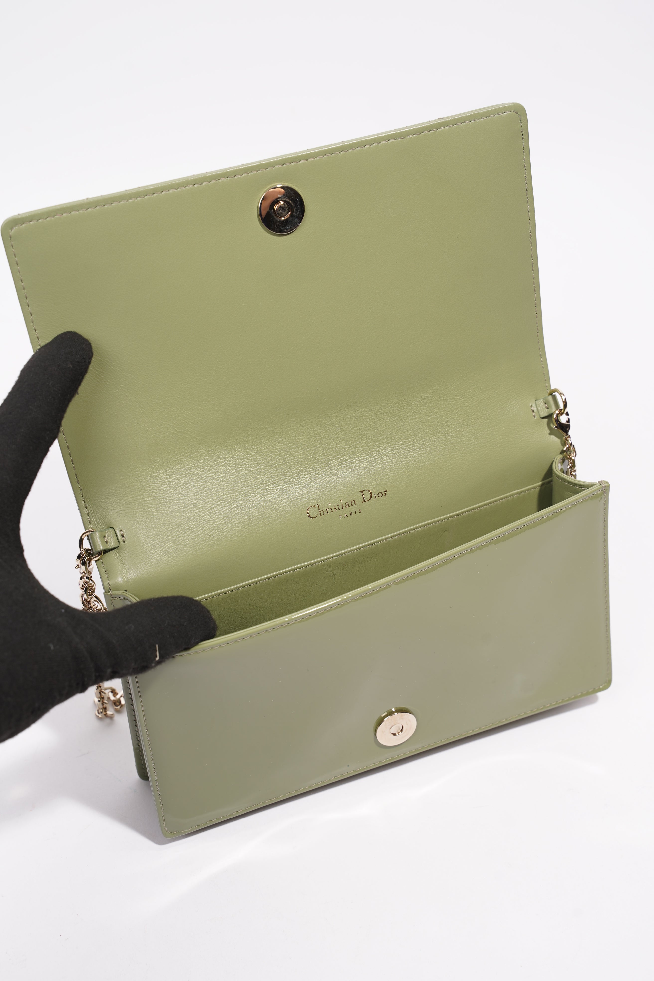 Christian Dior Lady Dior Pouch Olive Green Patent Leather
