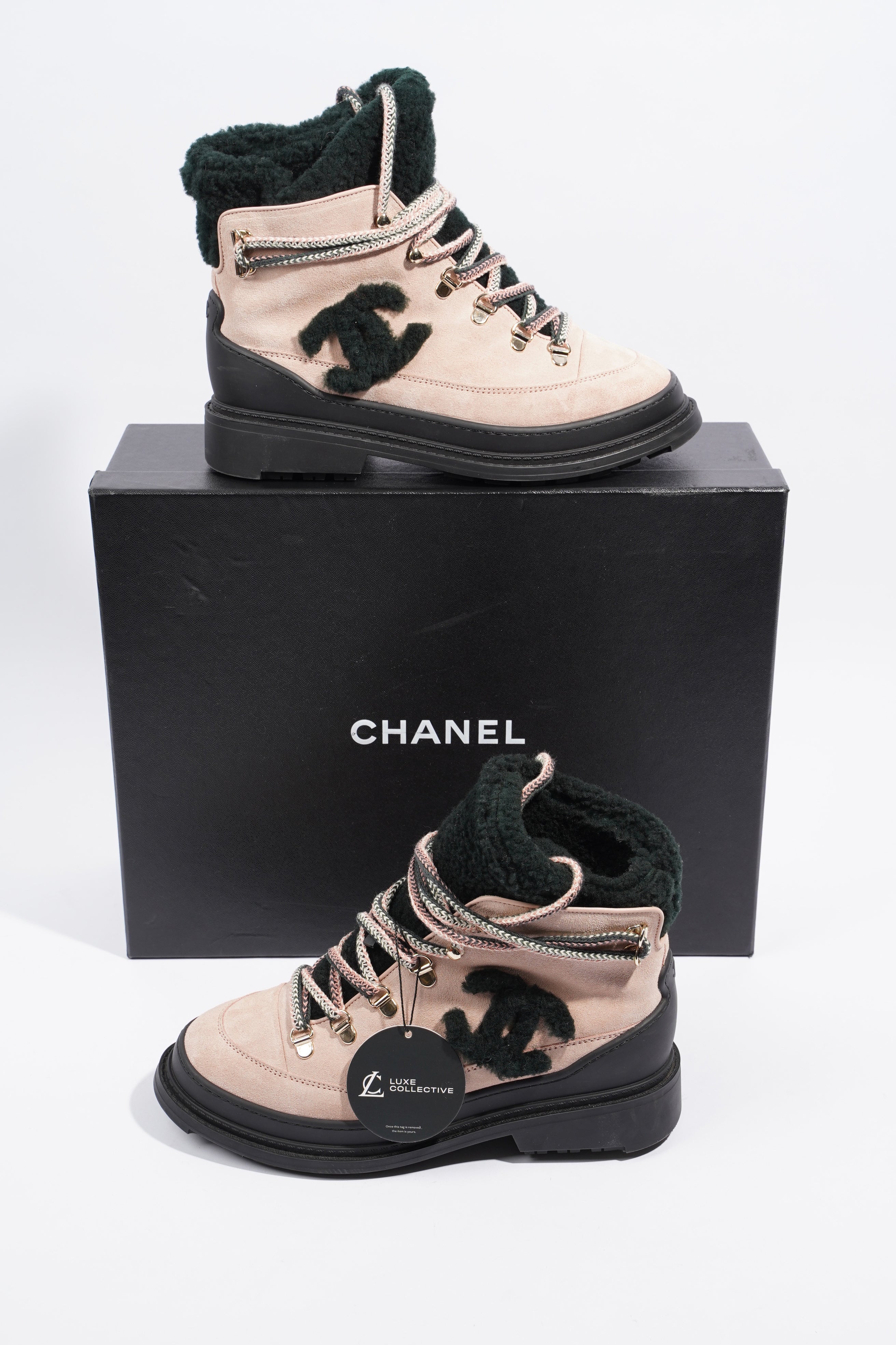 Chanel Shearling Boots Pink / Black Suede EU 38 UK 5