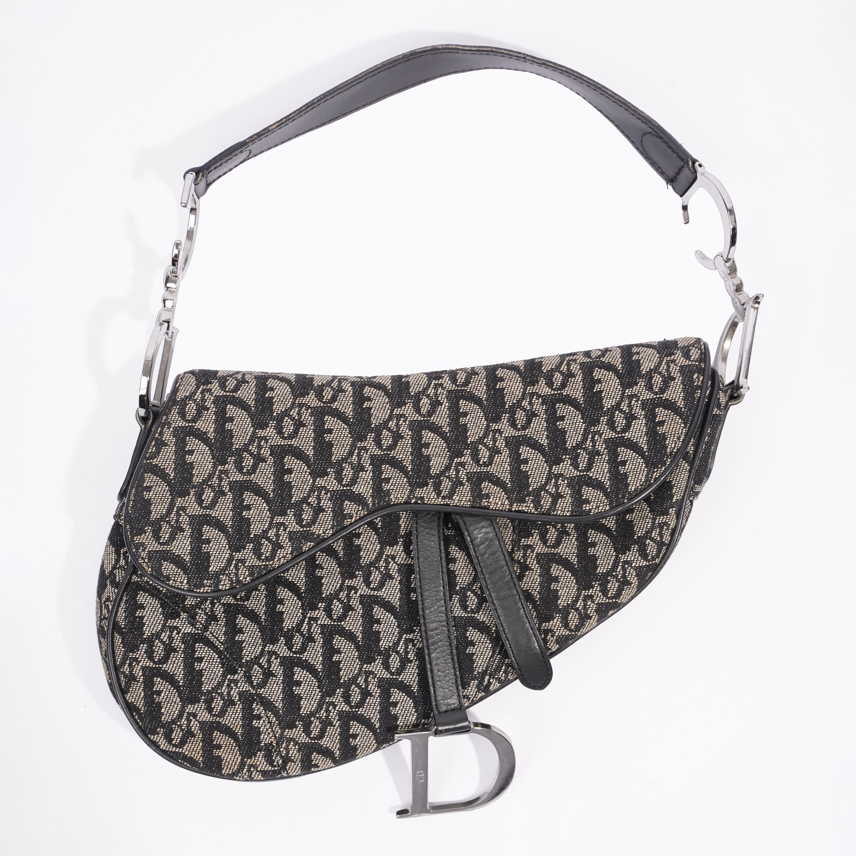 Christian Dior Saddle Black And Grey Oblique Canvas