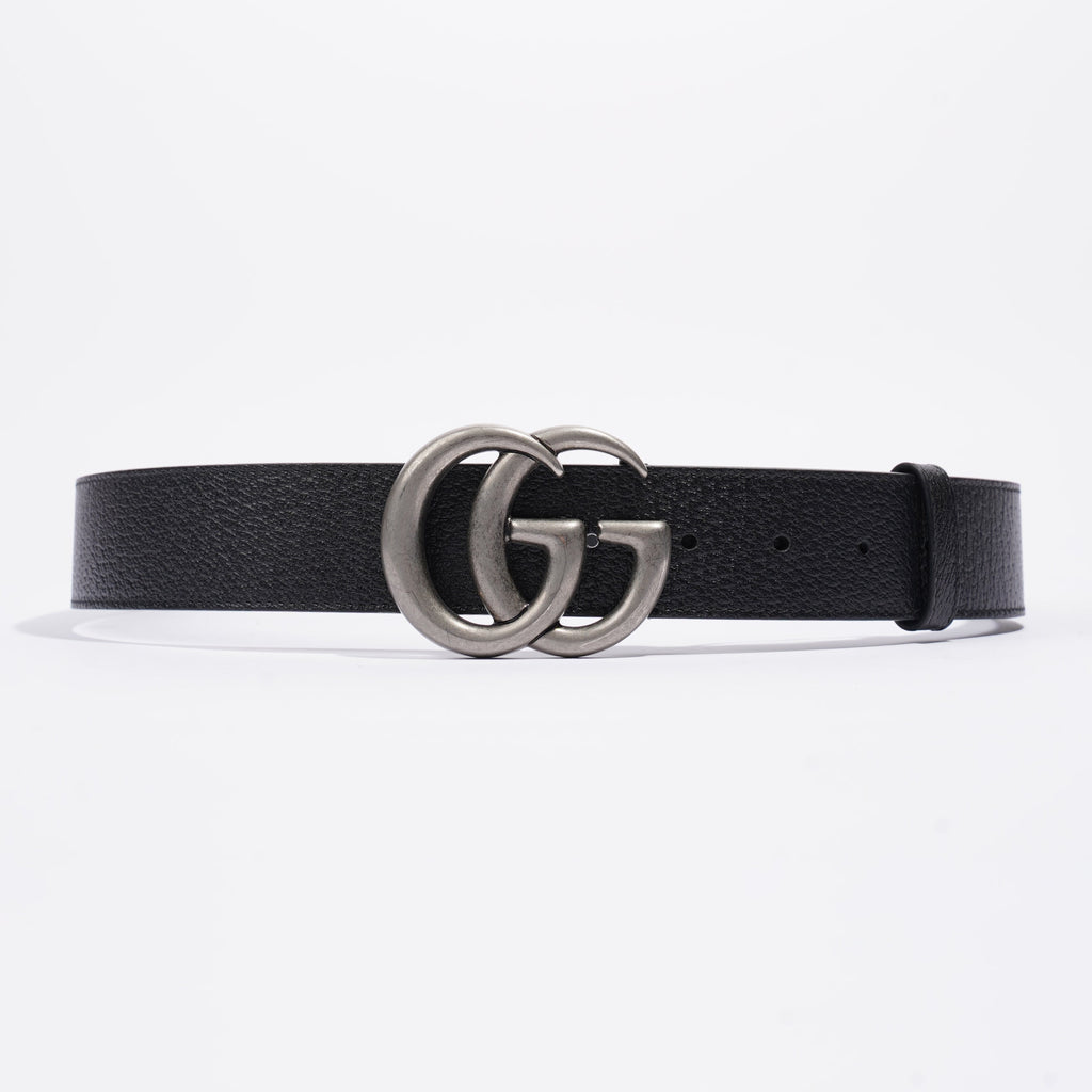 Gucci Double G Silver Buckle Belt Black Grained Leather 90cm 36"