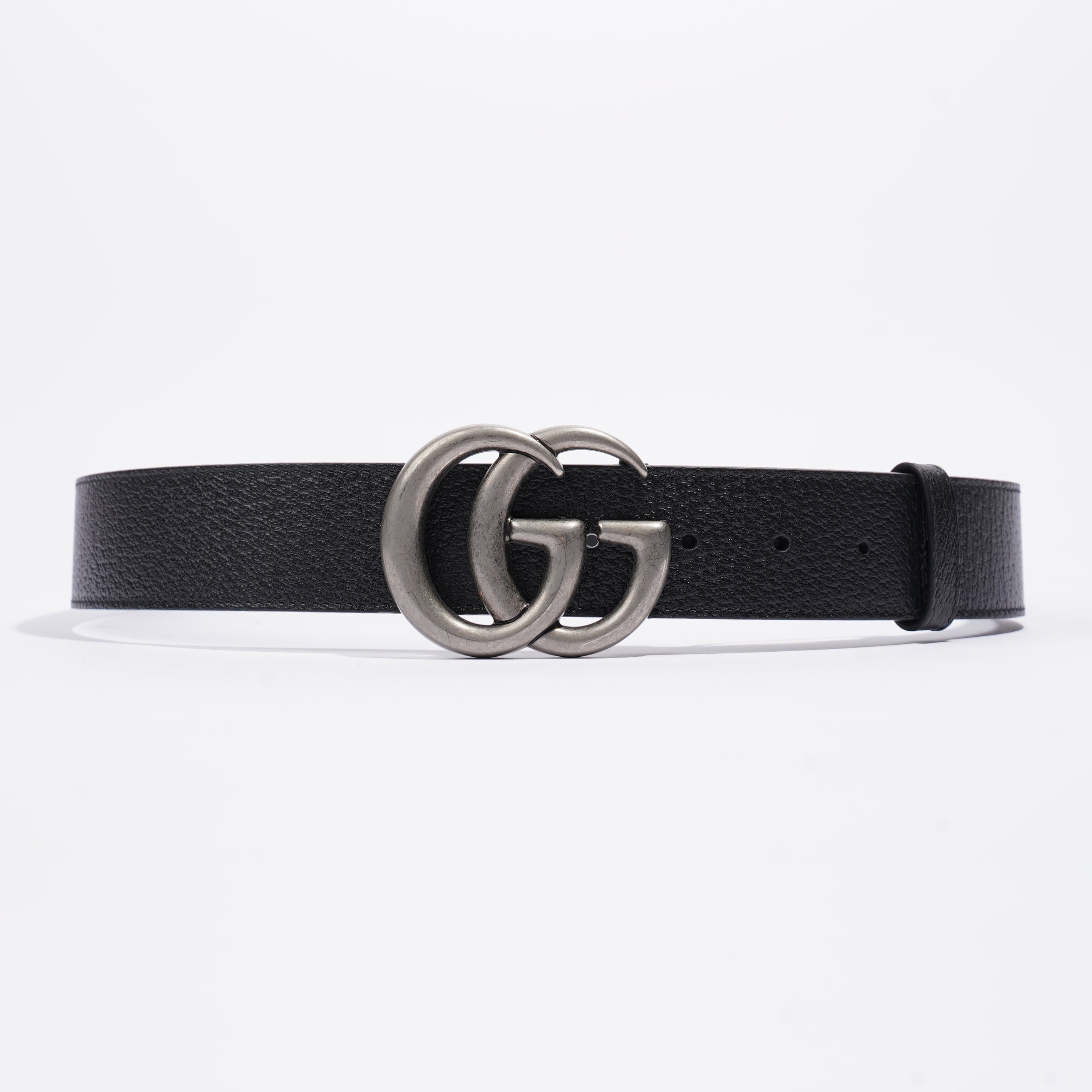 Gucci Double G Silver Buckle Belt Black Grained Leather 90cm 36"