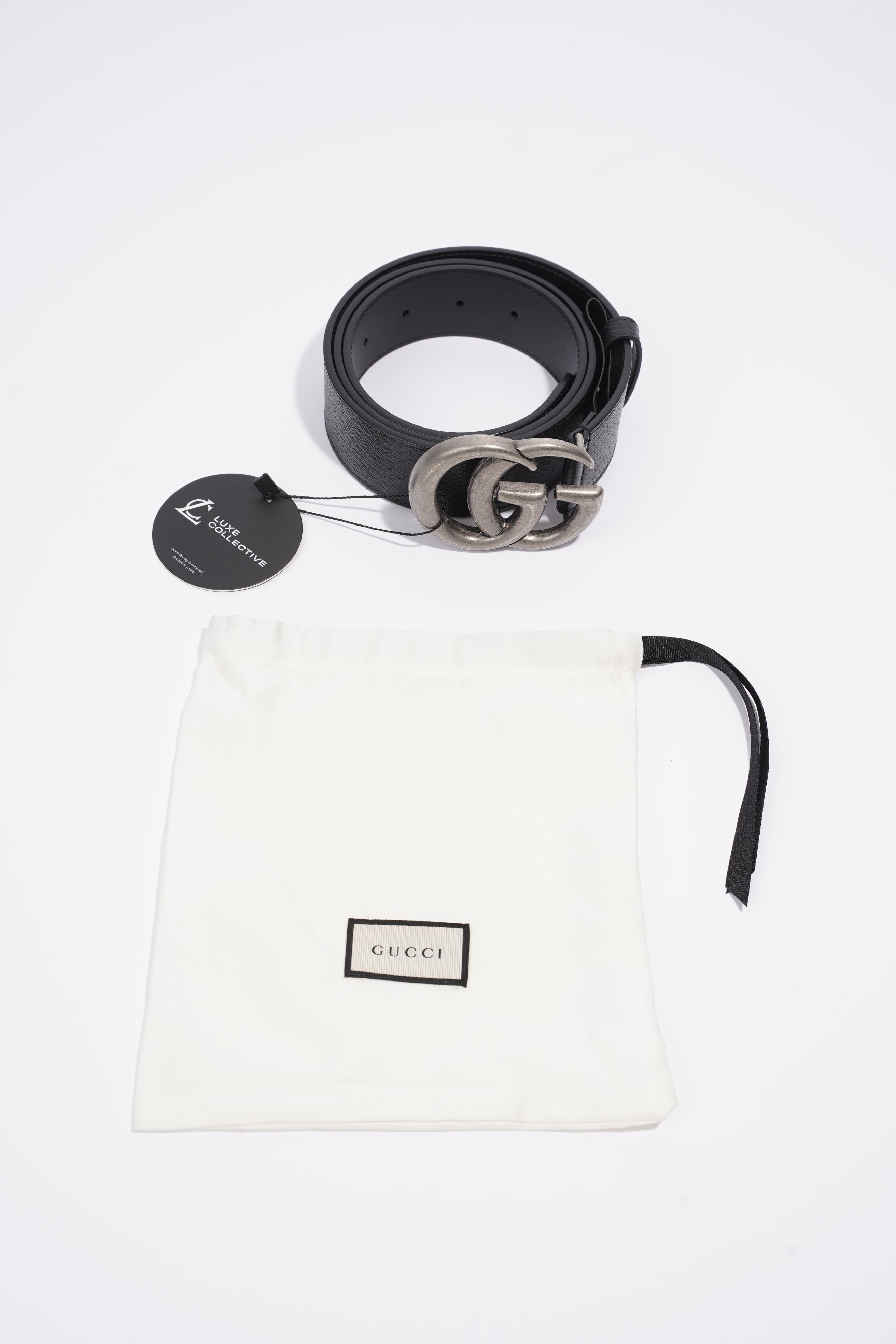 Gucci Double G Silver Buckle Belt Black Grained Leather 90cm 36"