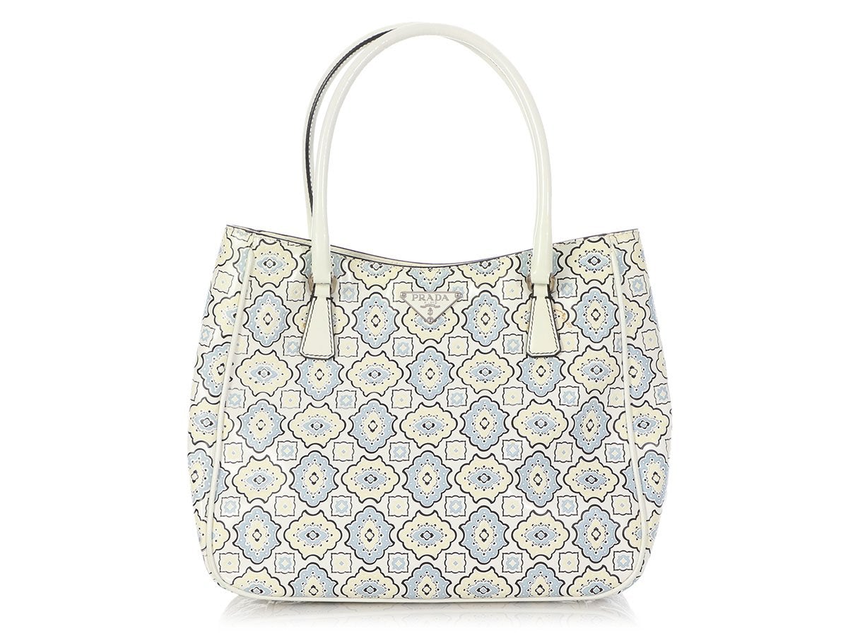 Prada Small Blue, Cream, and White Embossed Floral Tote