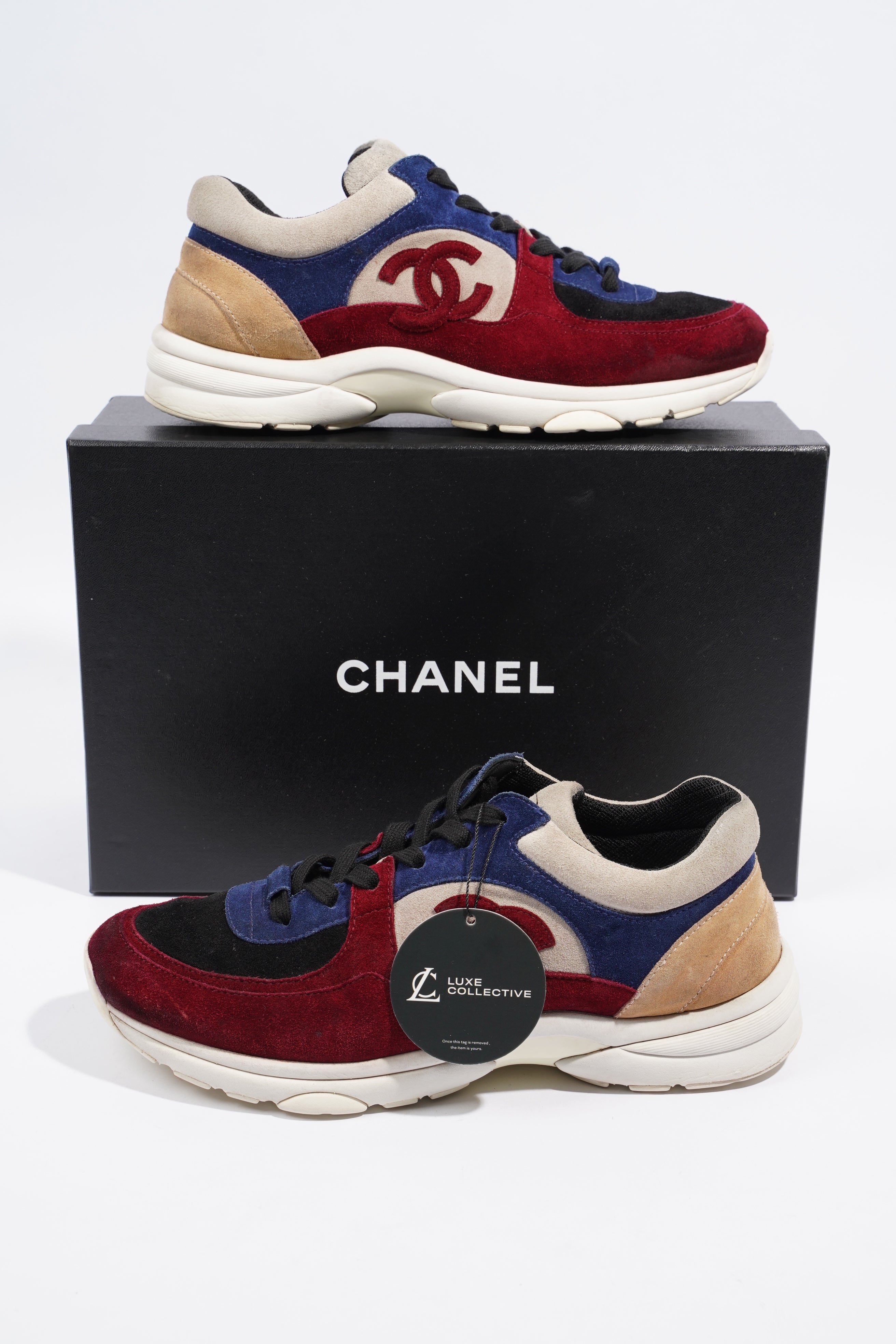 Chanel CC Logo Sneaker Maroon / Navy / Beige Suede EU 41.5 UK 7.5