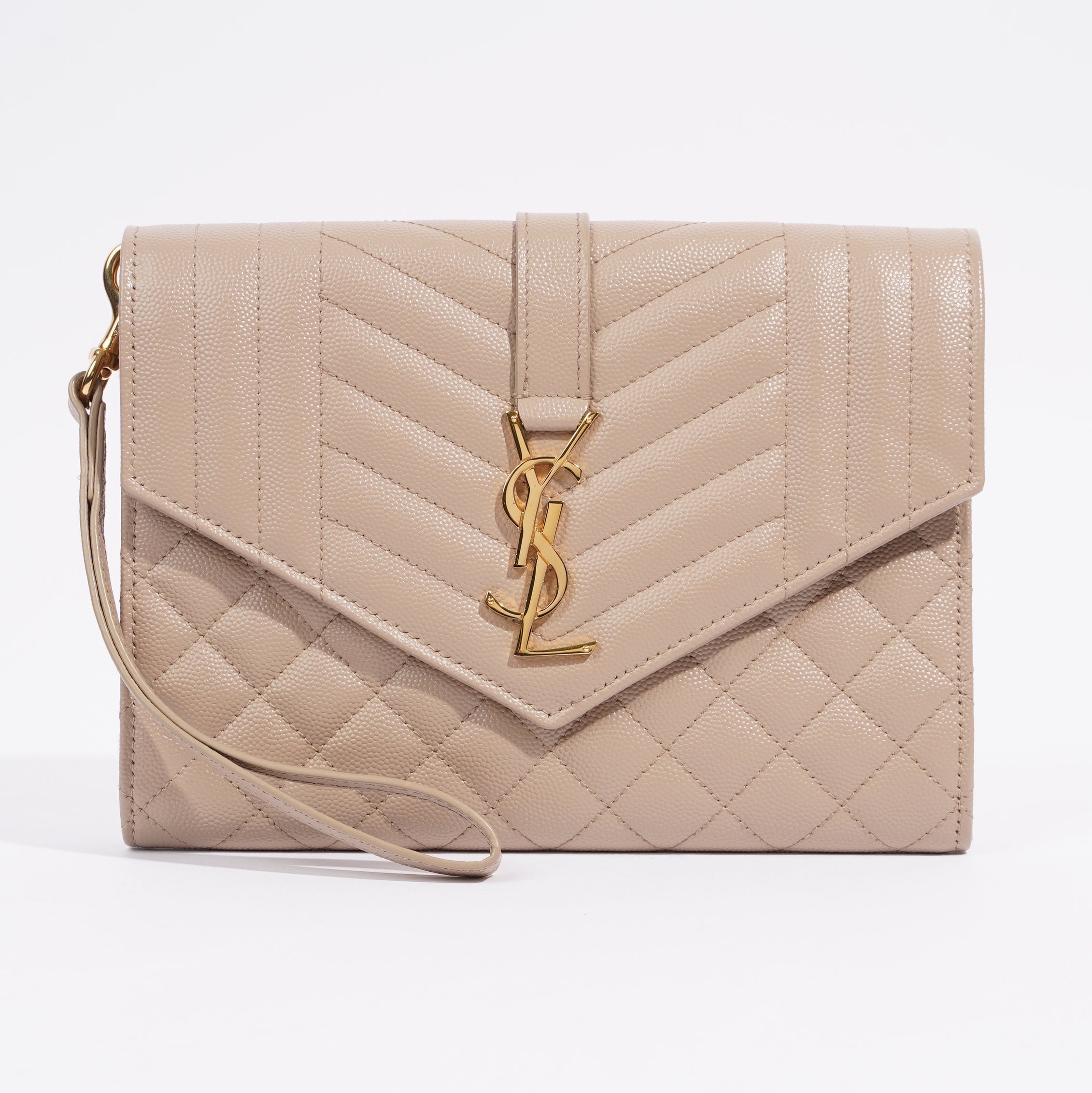 Saint Laurent Envelope Flap Pouch Greyish Brown Embossed Leather