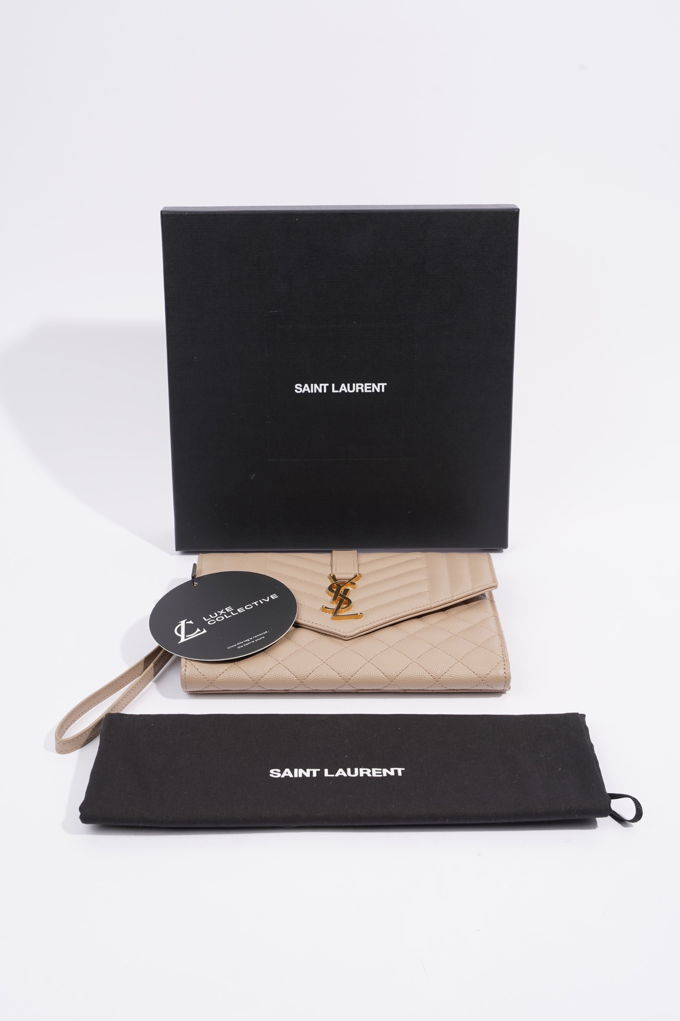 Saint Laurent Envelope Flap Pouch Greyish Brown Embossed Leather