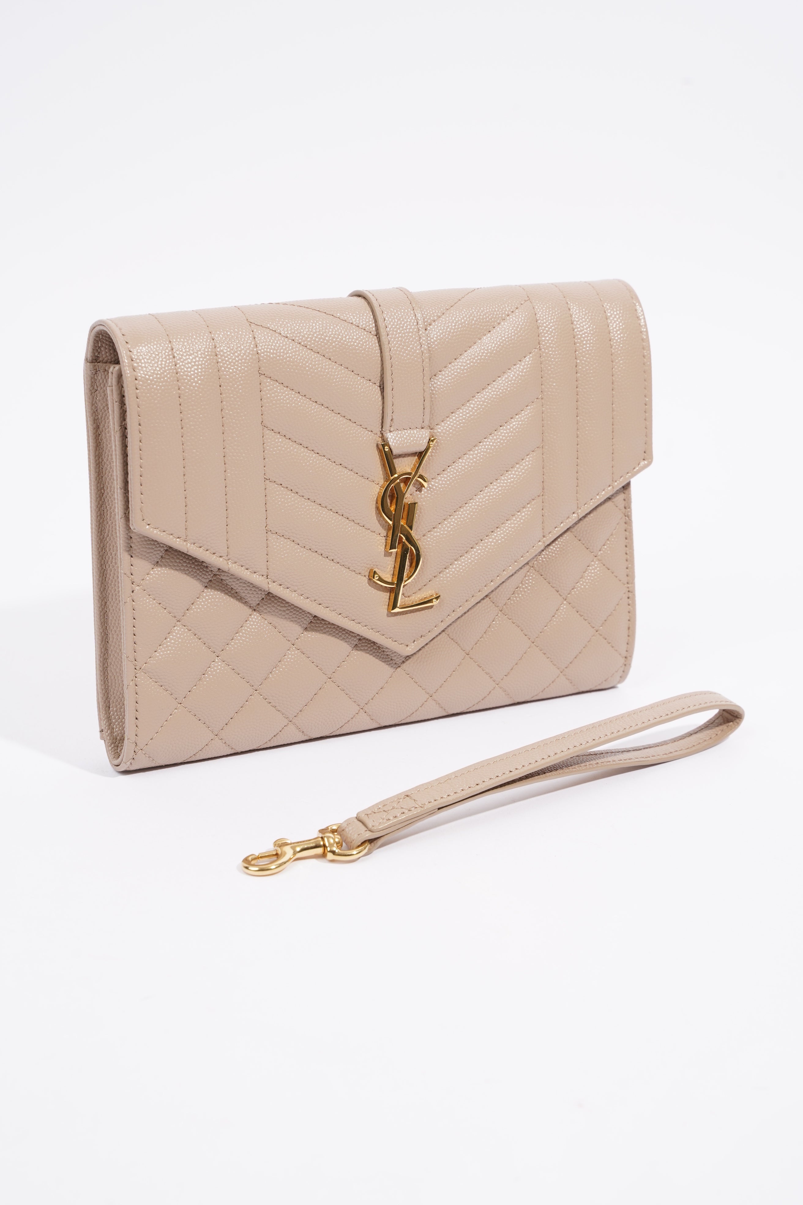 Saint Laurent Envelope Flap Pouch Greyish Brown Embossed Leather