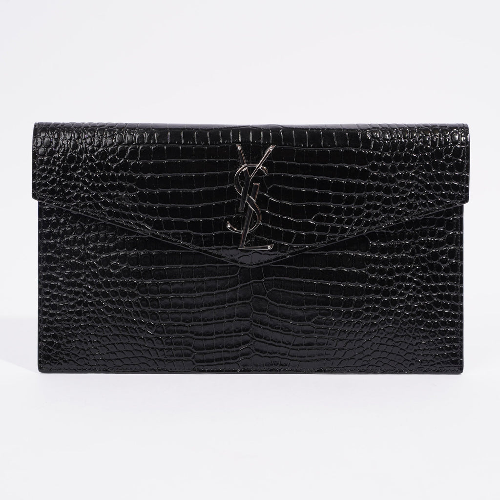 Saint Laurent Crocodile Embossed Uptown Black Calfskin Leather