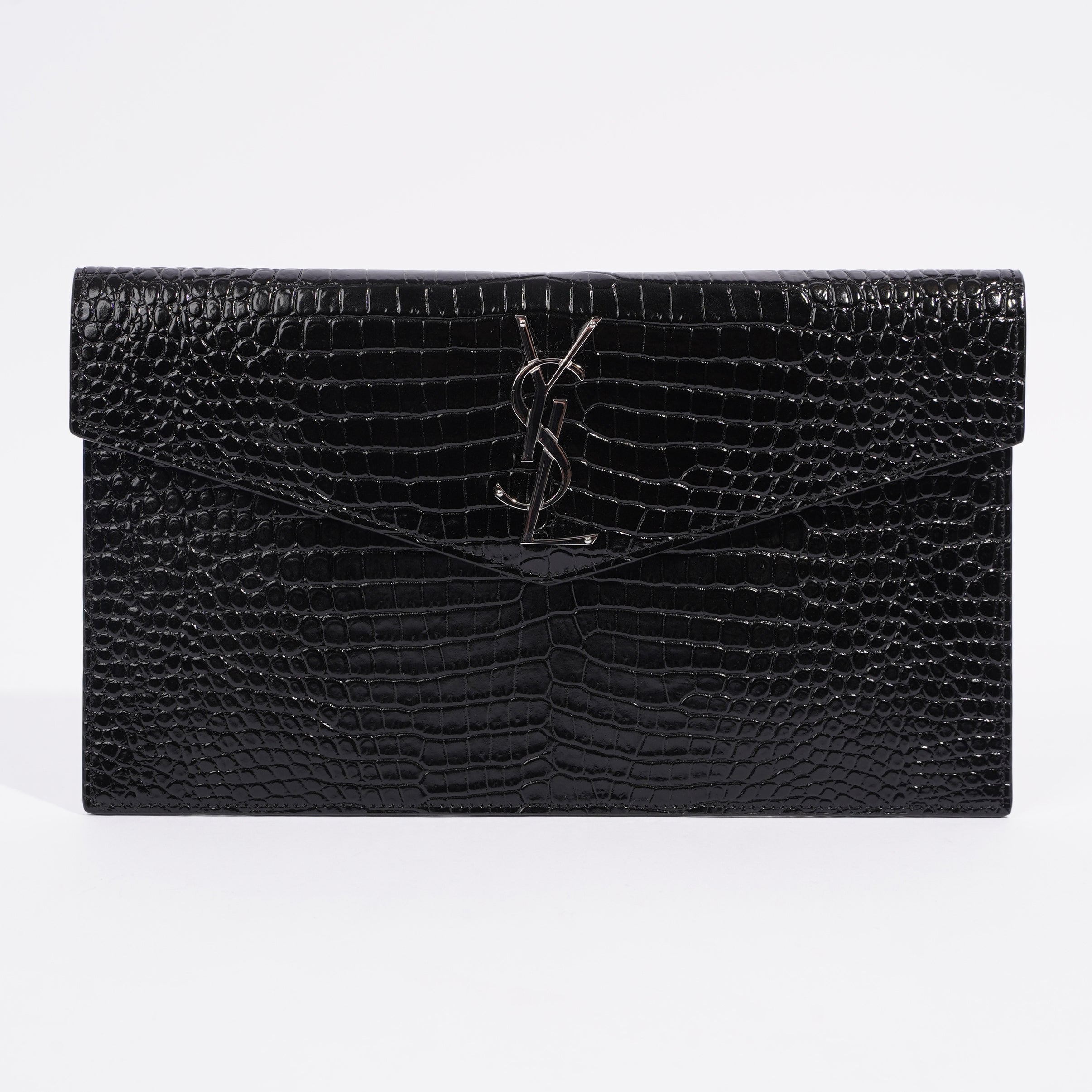 Saint Laurent Crocodile Embossed Uptown Black Calfskin Leather