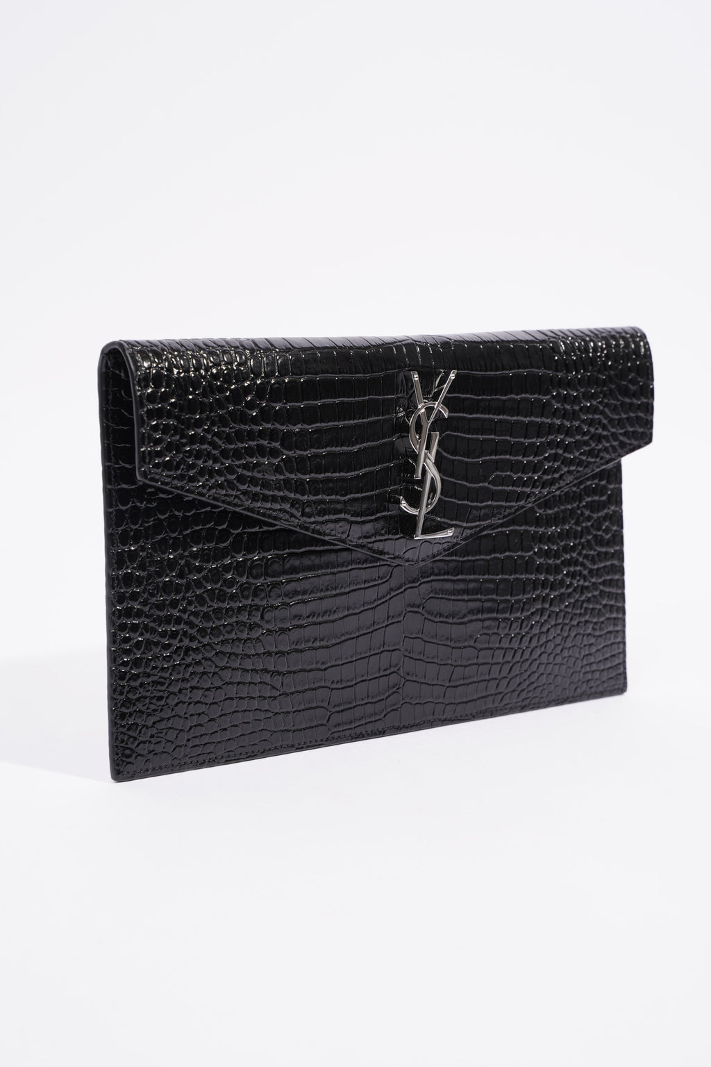 Saint Laurent Crocodile Embossed Uptown Black Calfskin Leather