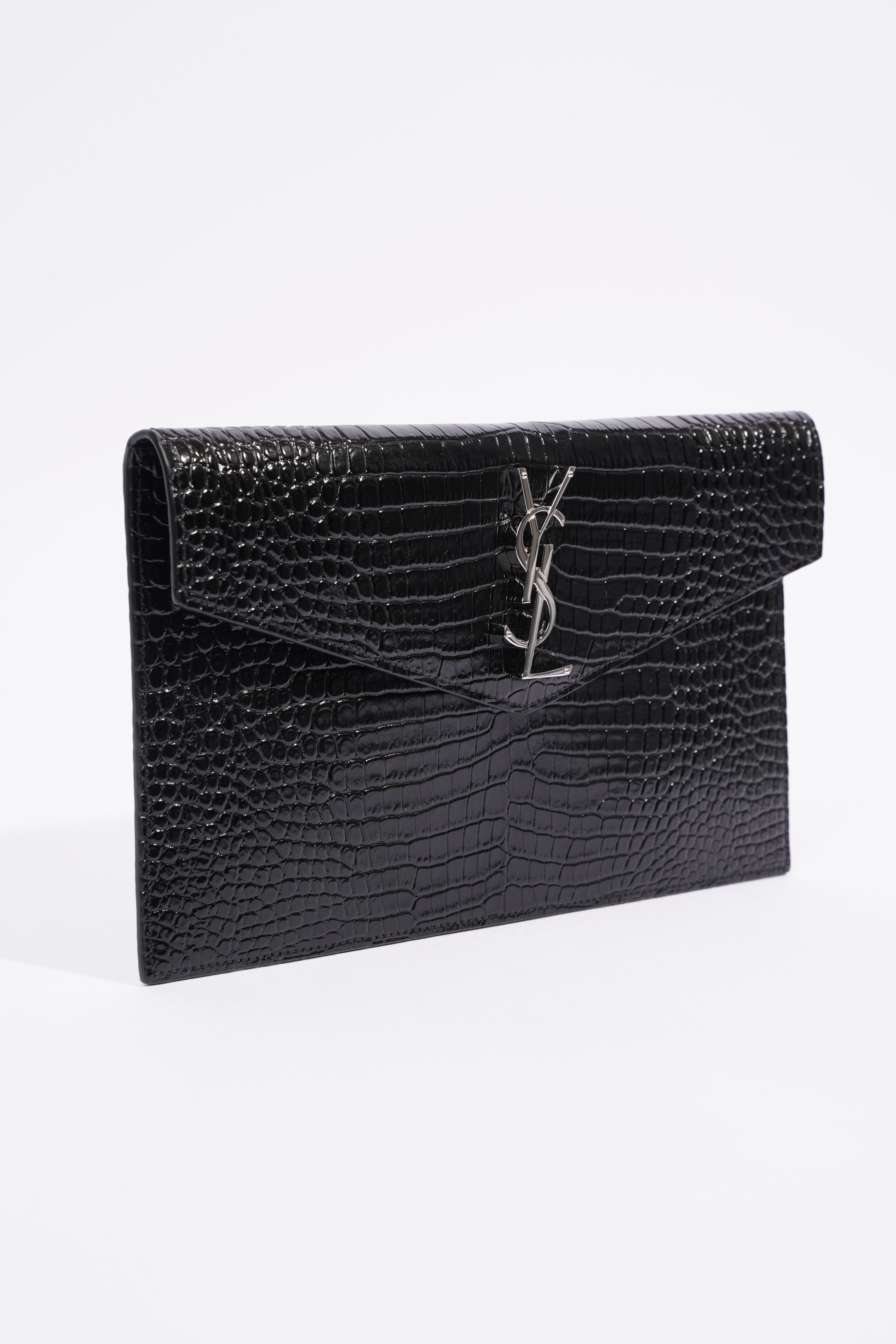 Saint Laurent Crocodile Embossed Uptown Black Calfskin Leather