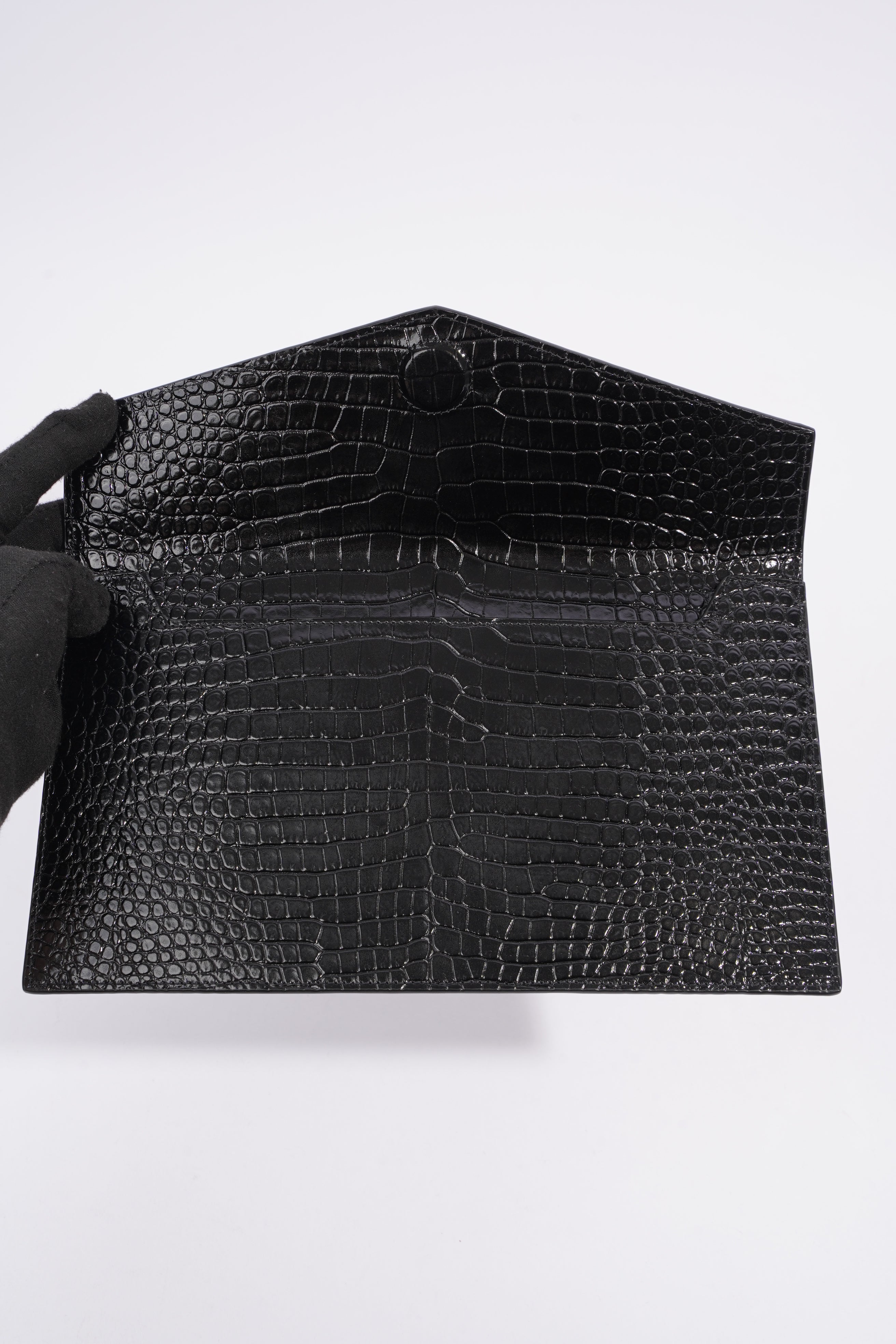 Saint Laurent Crocodile Embossed Uptown Black Calfskin Leather