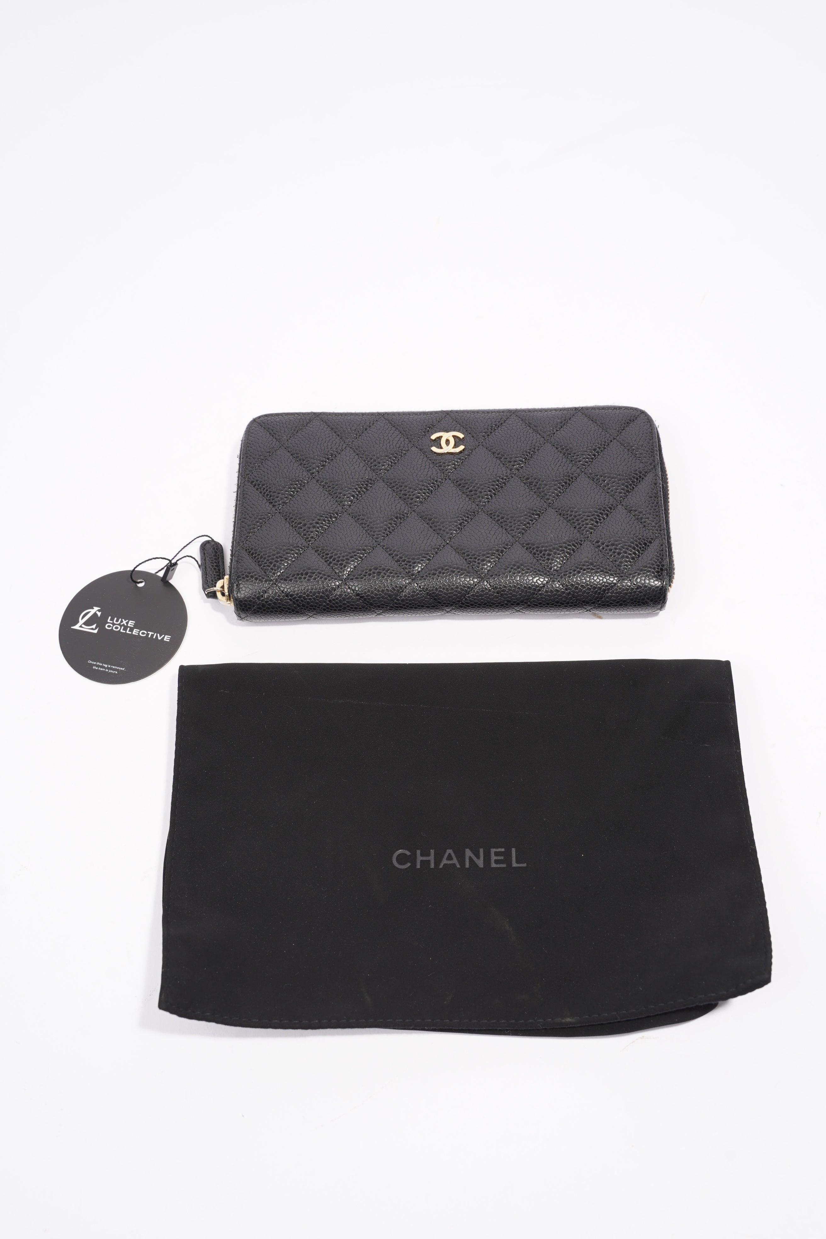 Chanel Quilted Zip Around Wallet Black Caviar Leather Large