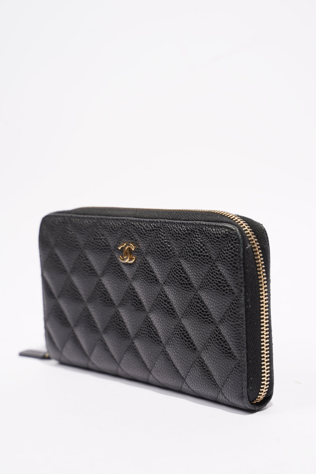 Chanel Quilted Zip Around Wallet Black Caviar Leather Large