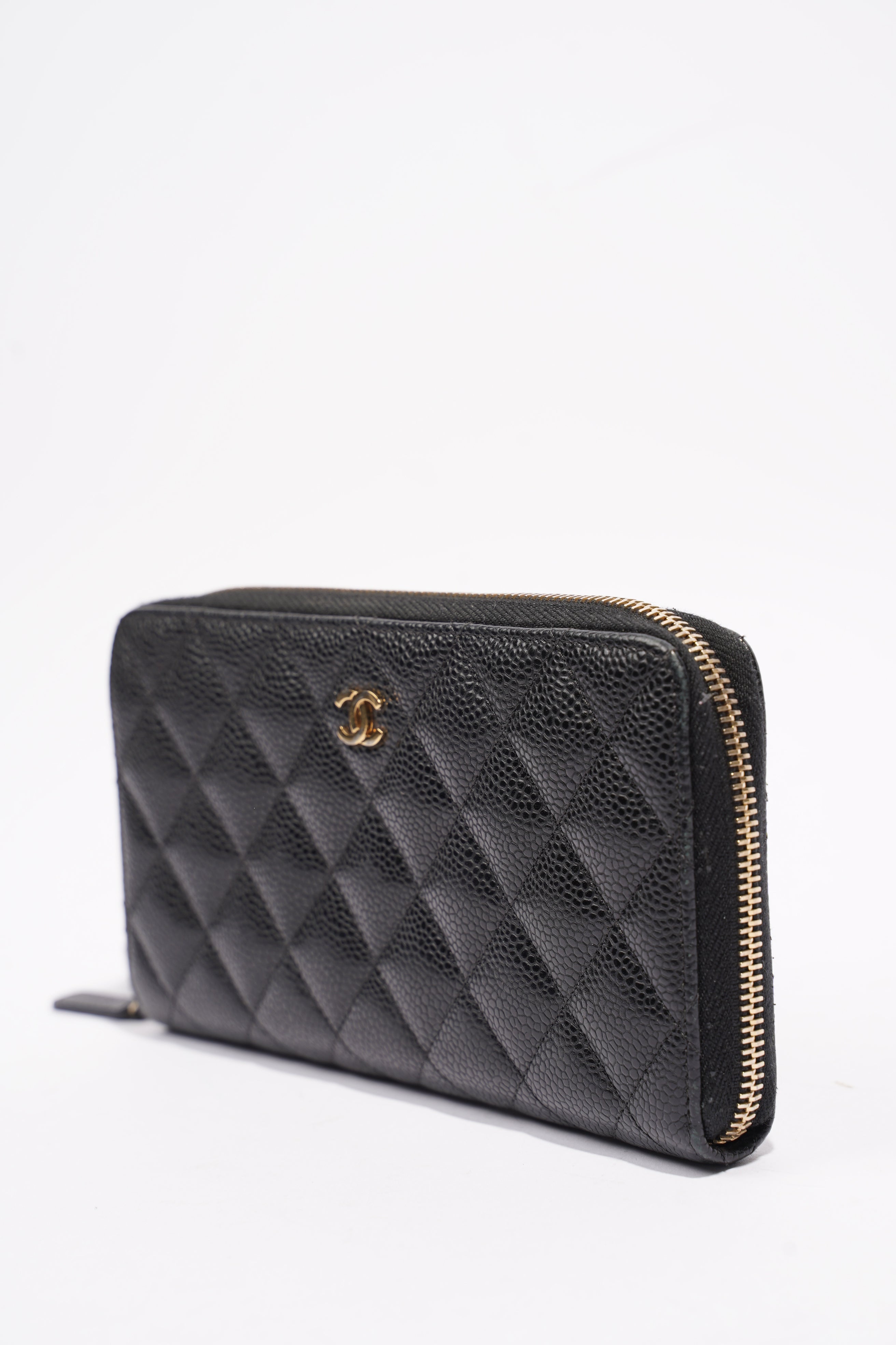 Chanel Quilted Zip Around Wallet Black Caviar Leather Large